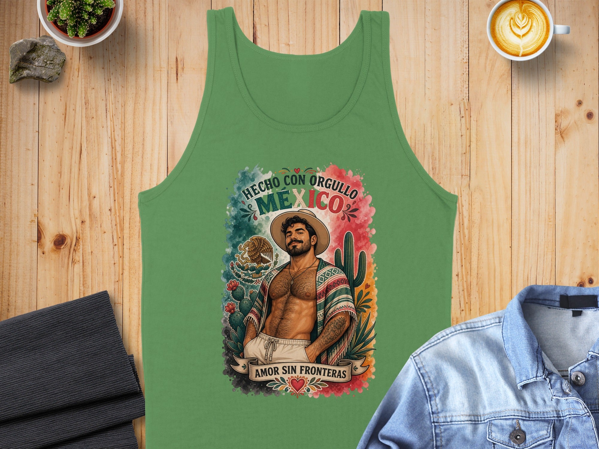 Green tank top with "Hecho con Orgullo Mexico" and man in sombrero artwork.