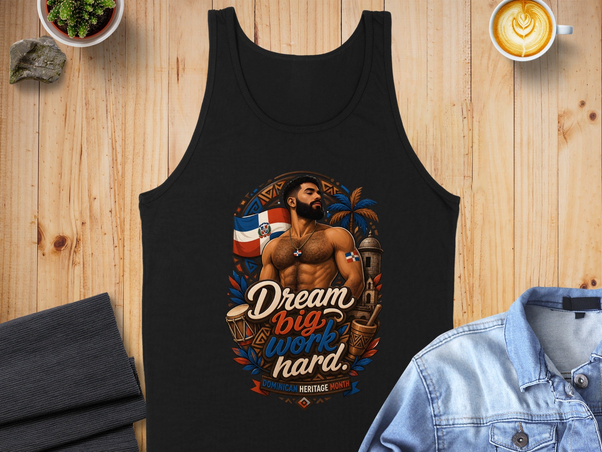 Black tank top with "Dream Big Work Hard Dominican Heritage Month" text and a muscular man.