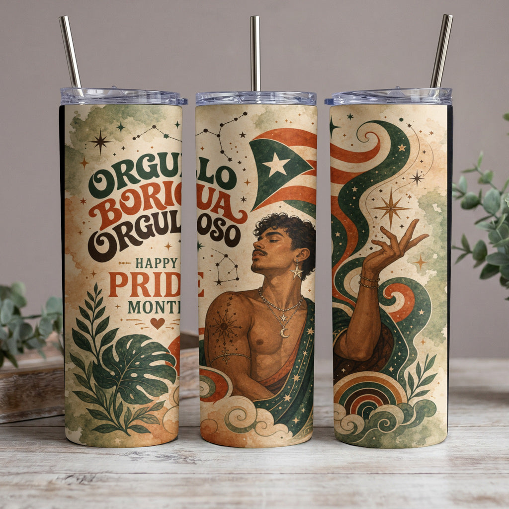 Pride Month tumbler with Puerto Rican flag and festive design.