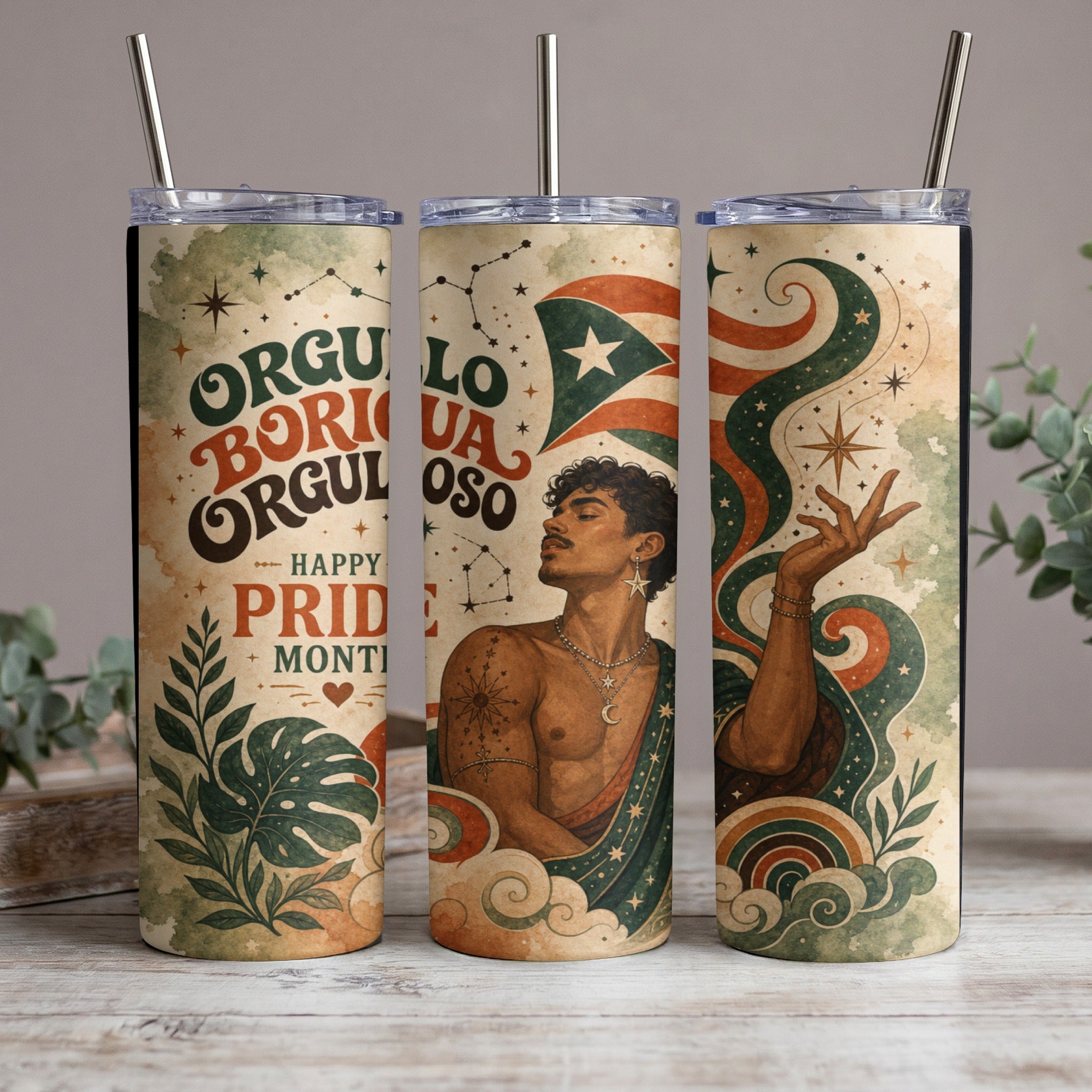 Pride Month tumbler with Puerto Rican flag and festive design.