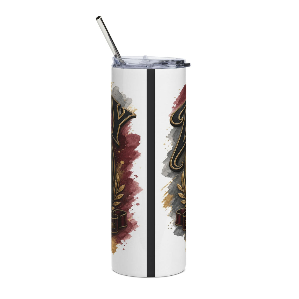 White tumbler with metallic straw and lid featuring abstract watercolor splashes and a crest.