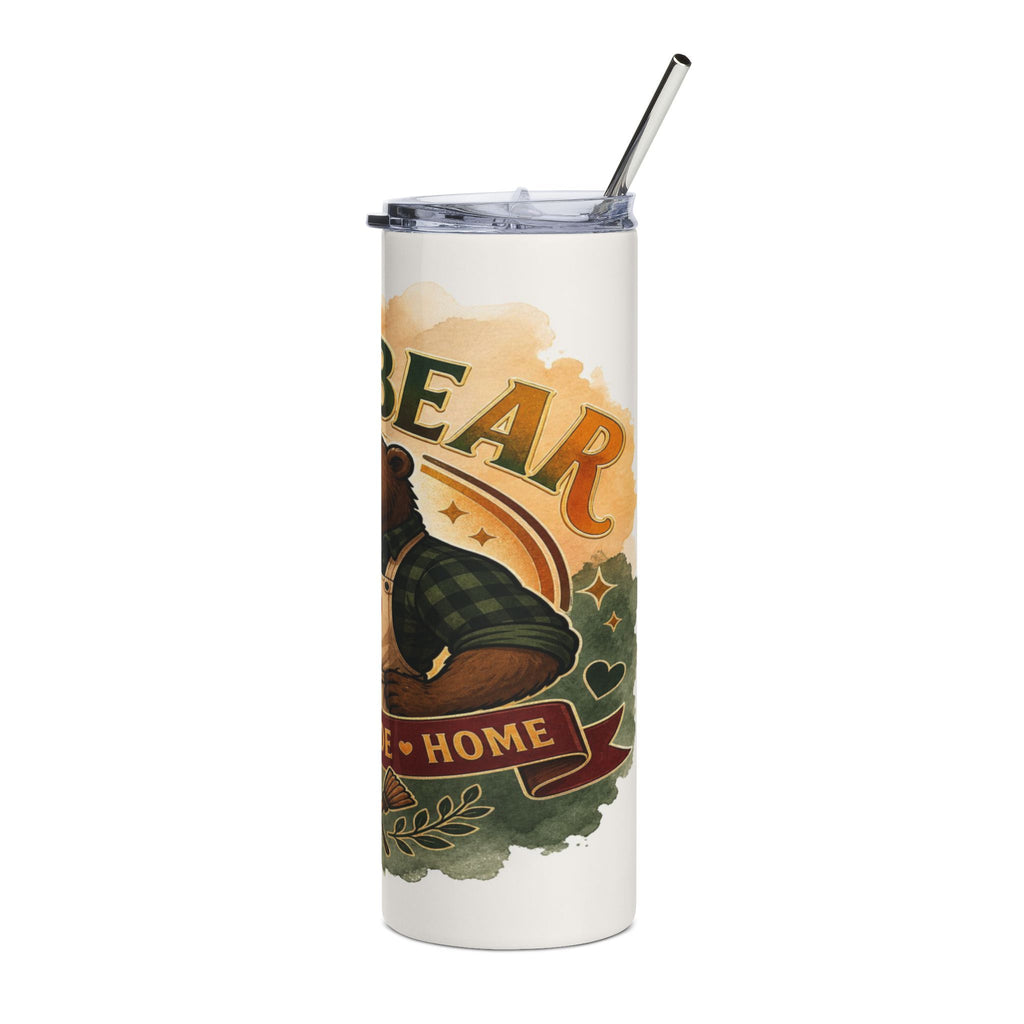 White tumbler with a bear illustration and text "BEAR" and "HOME".