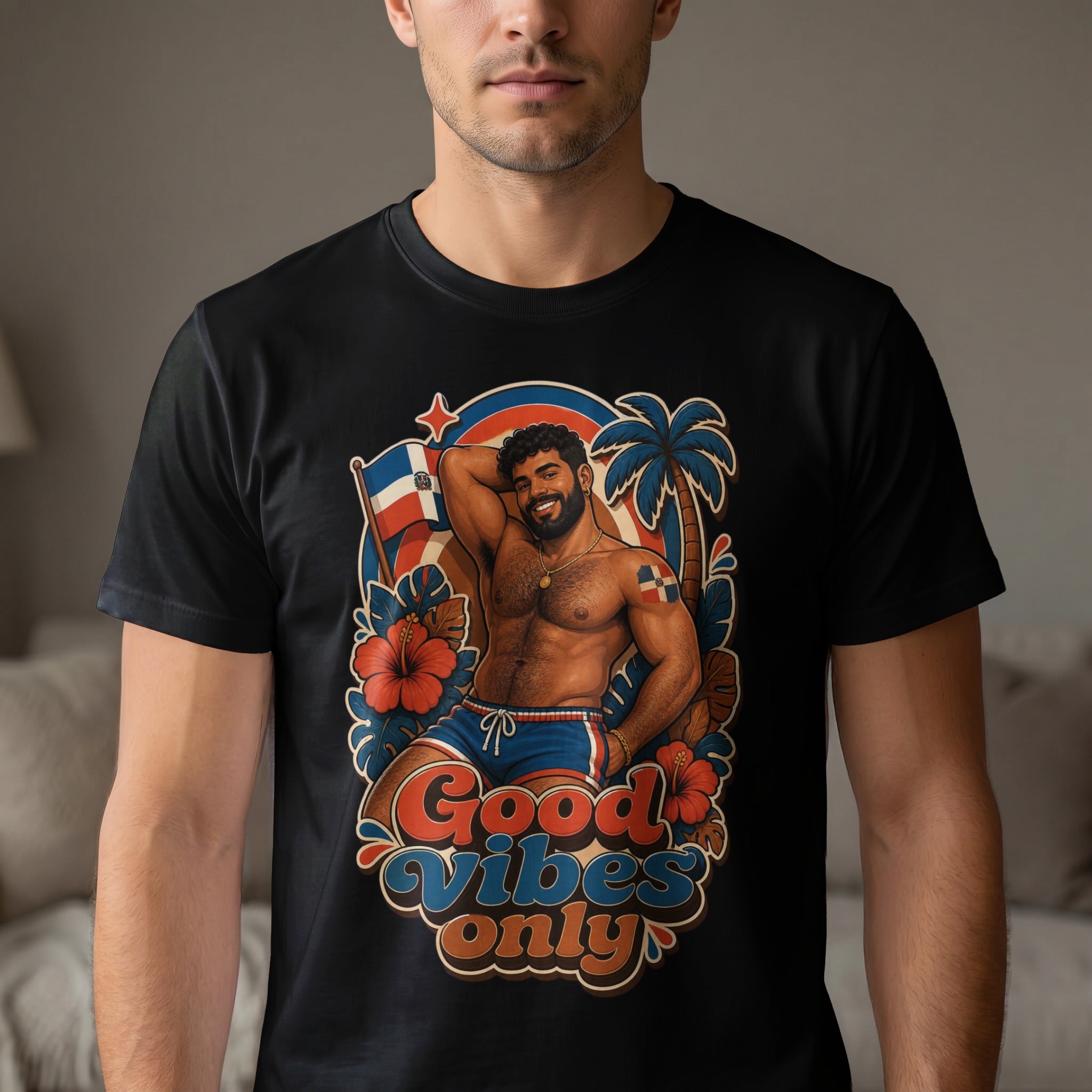 Man in t-shirt with graphic of man wearing shorts, palm tree, and flowers.