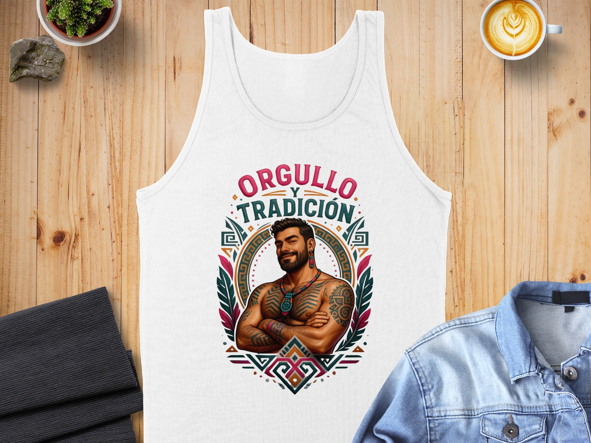 White tank top with "Orgullo y Tradición" and a tattooed man.