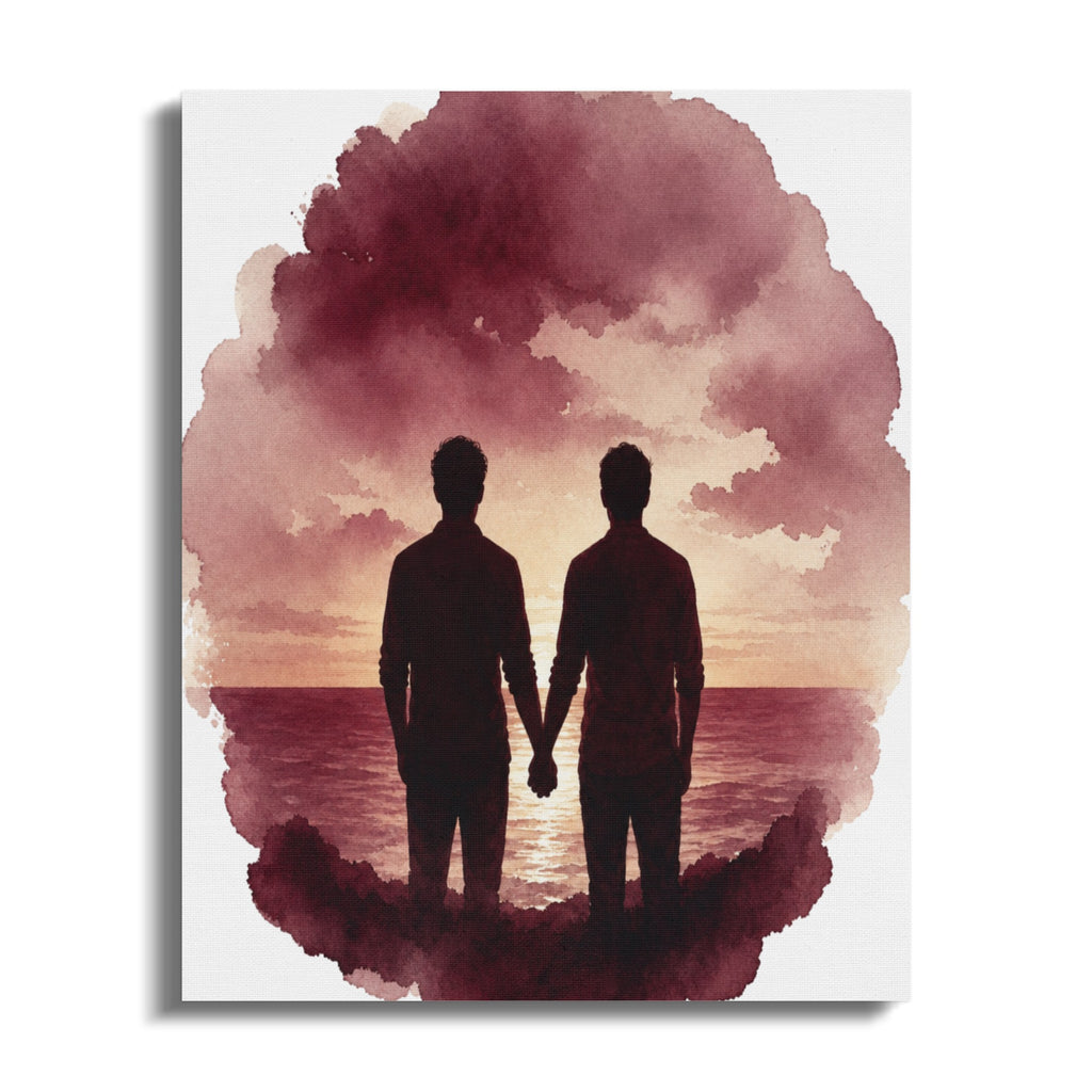 Two men hold hands at sunset overlooking the ocean, rendered in watercolor.