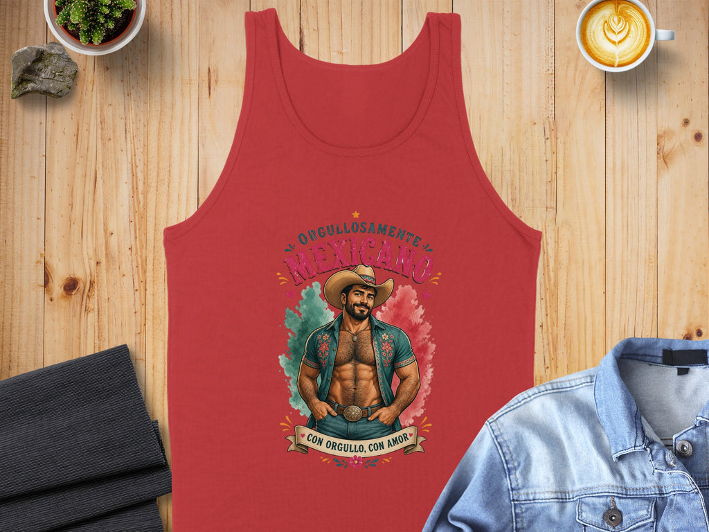 Red tank top with "Orgullosamente Mexicano" and a cowboy illustration.