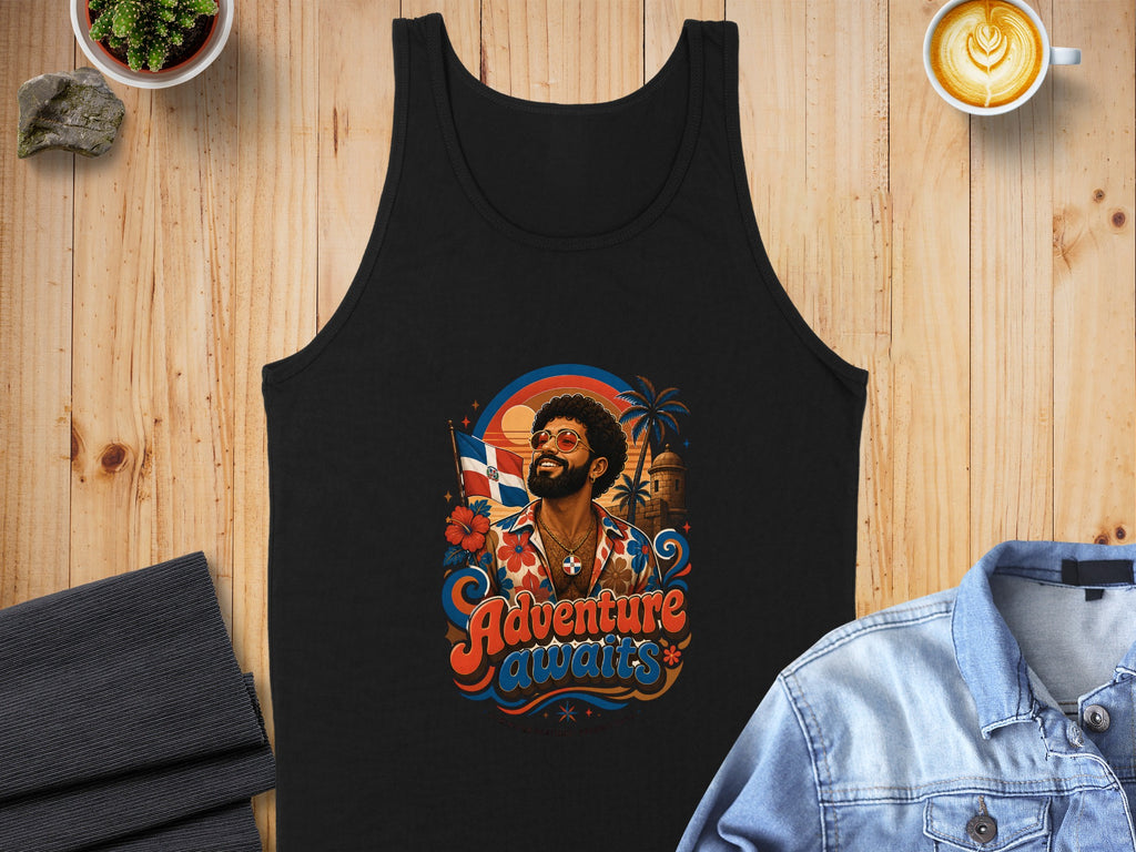 Black tank top with colorful graphic of a man, palm trees, and Dominican Republic flag.