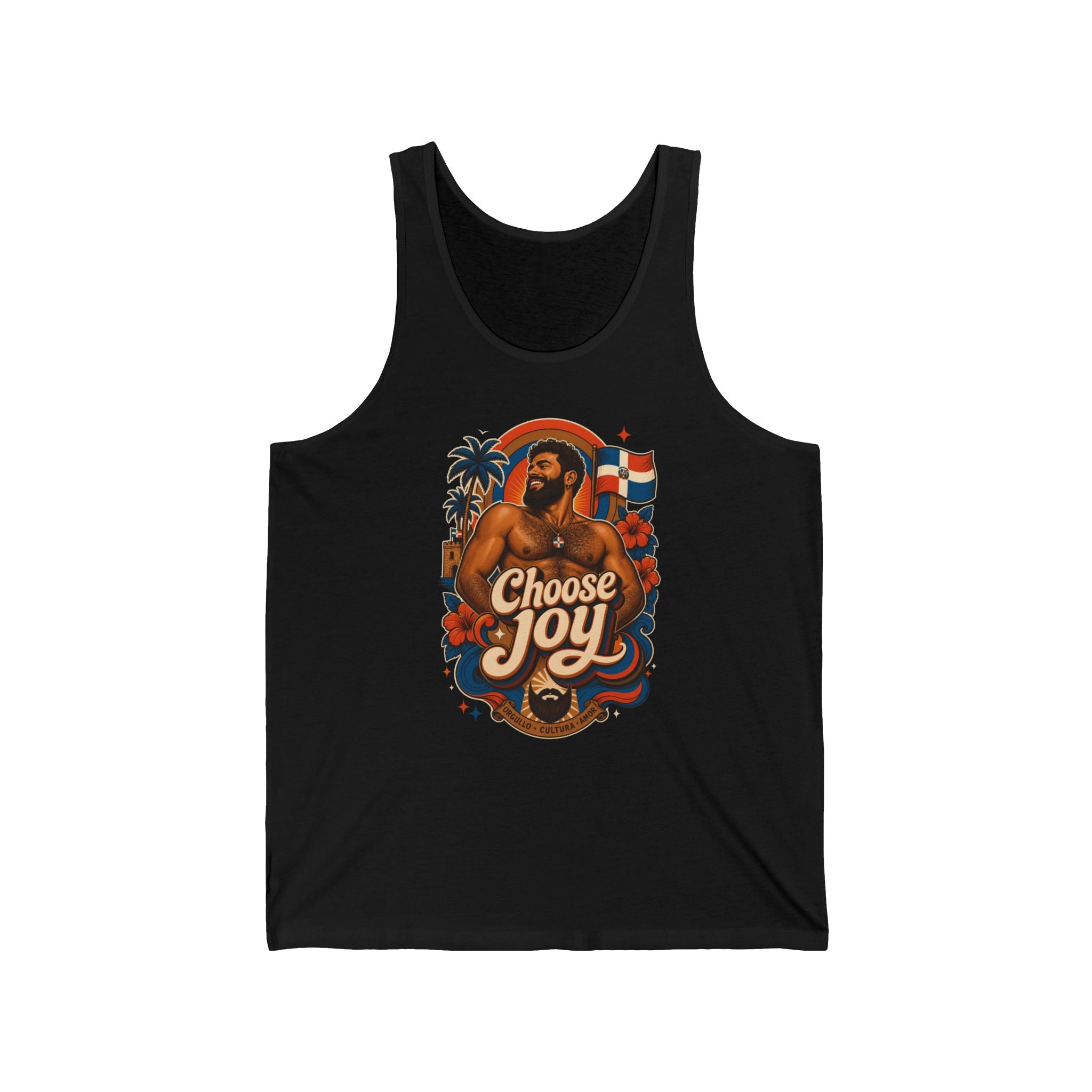 "Choose Joy" text above smiling man with rainbow, flag, and flowers.