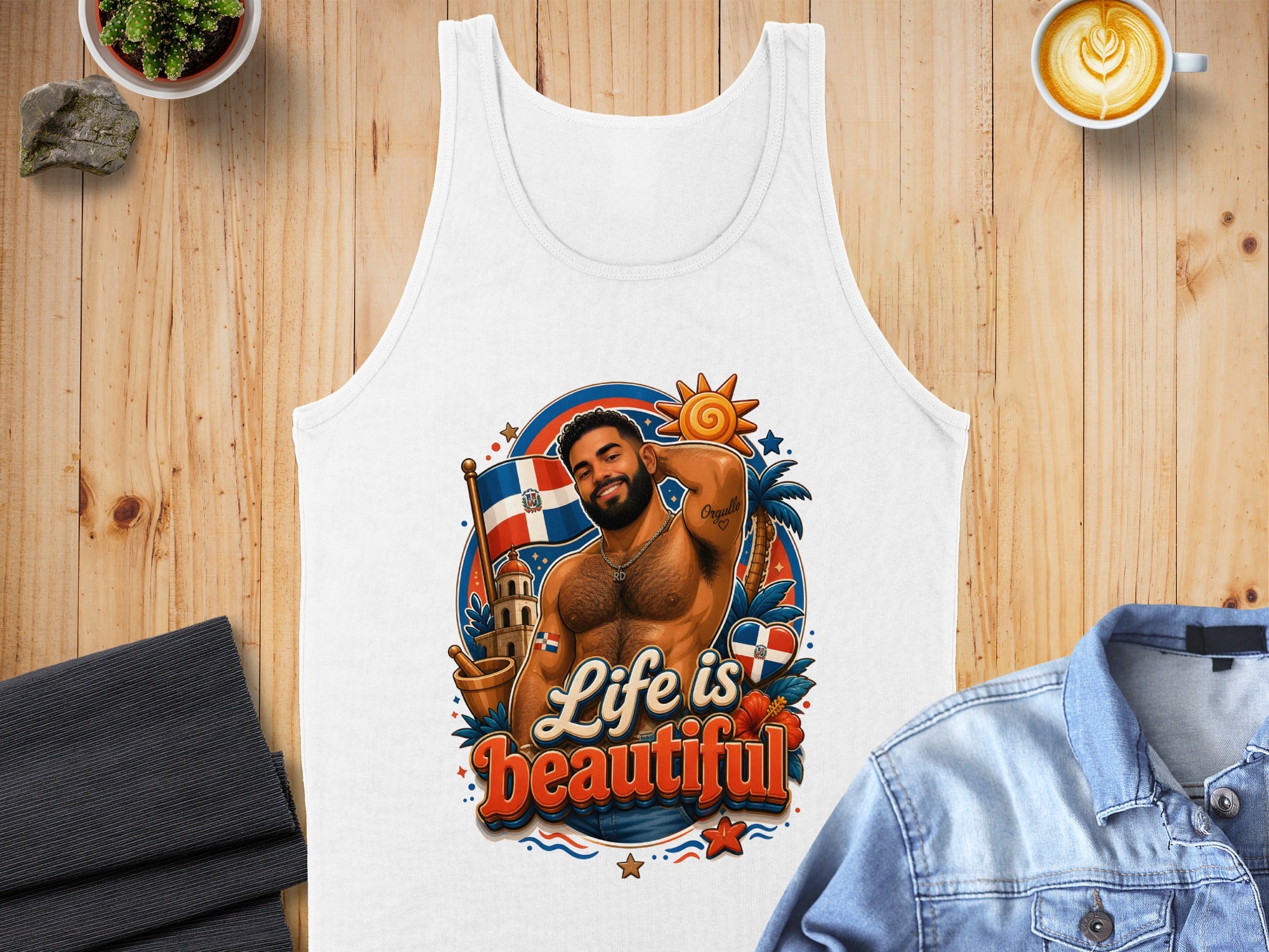 Tank top featuring a muscular man with the Dominican Republic flag and "Life is Beautiful."