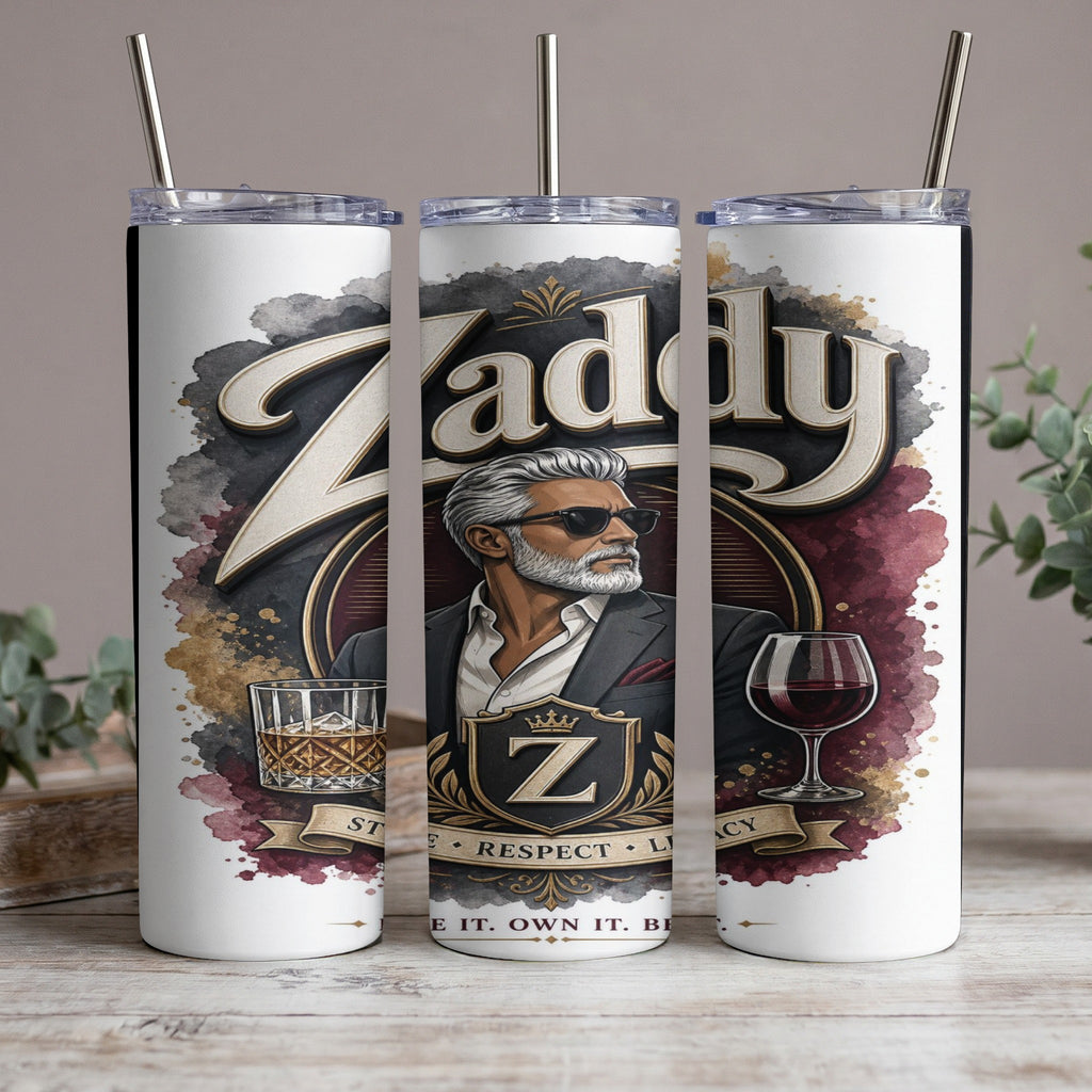 "Zaddy" tumbler with a distinguished man, whiskey, and wine, emphasizing style, respect, and legacy.