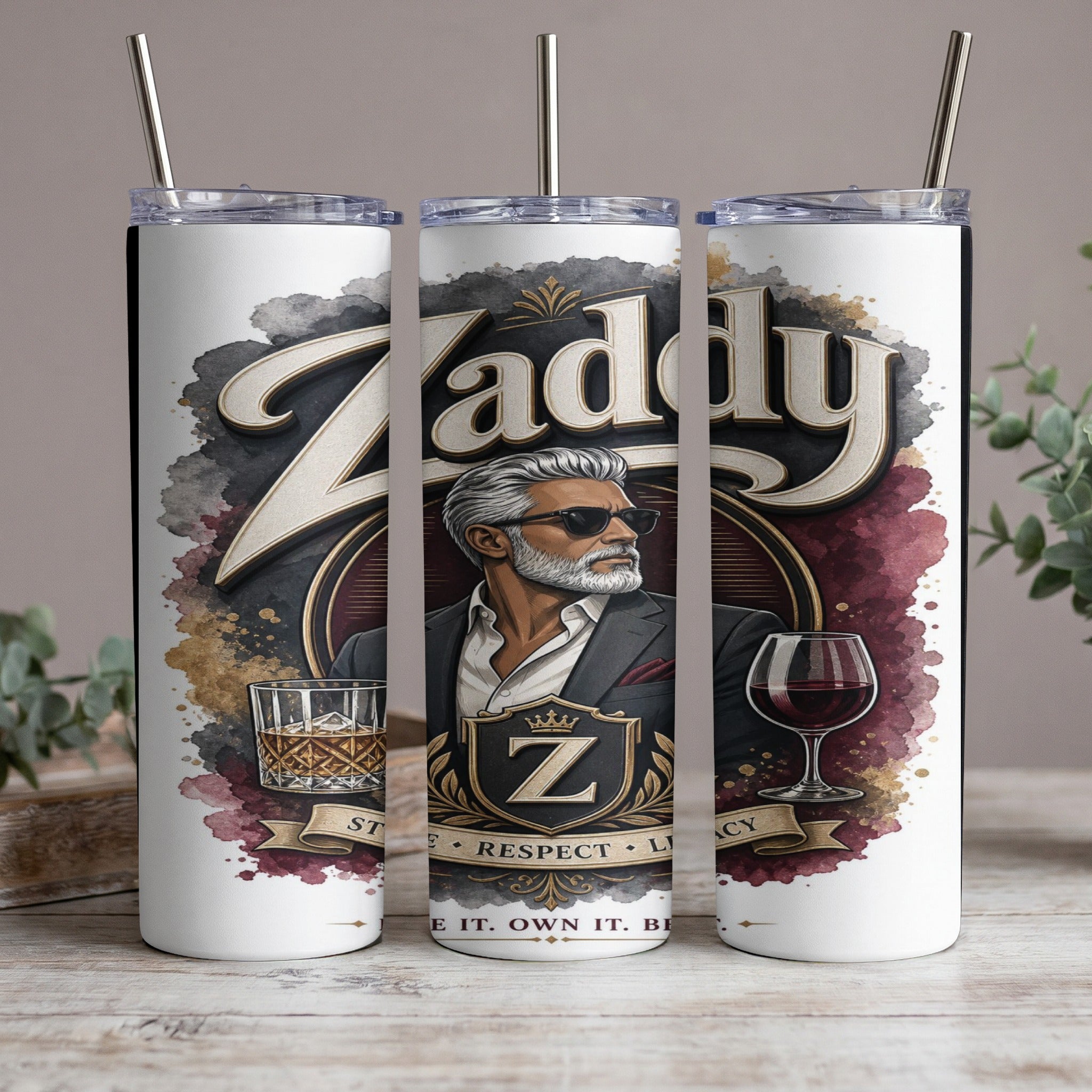 "Zaddy" tumbler with a distinguished man, whiskey, and wine, emphasizing style, respect, and legacy.
