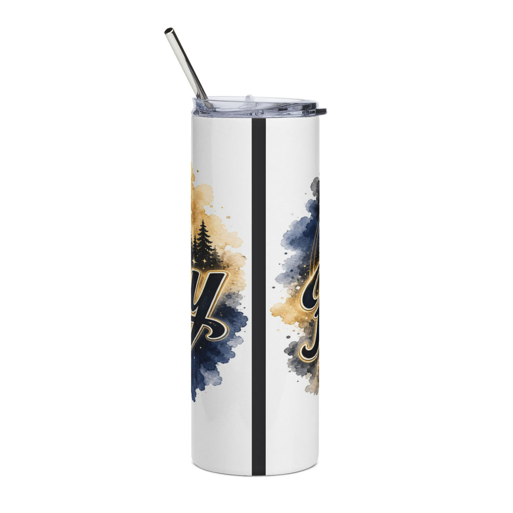 White tumbler with black stripes and watercolor tree and script text design.