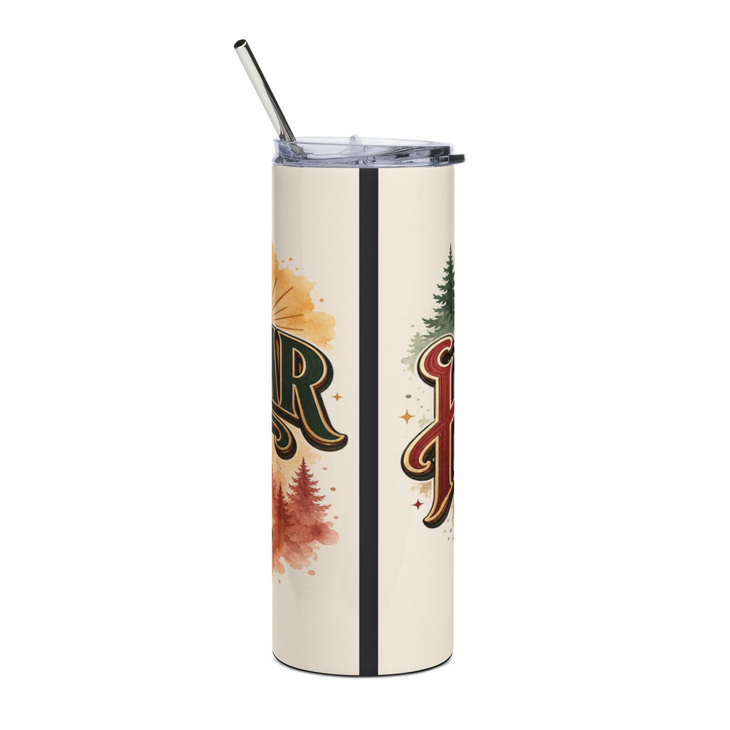 Cream tumbler with metal straw, featuring "R" and "H" letters with forest imagery.