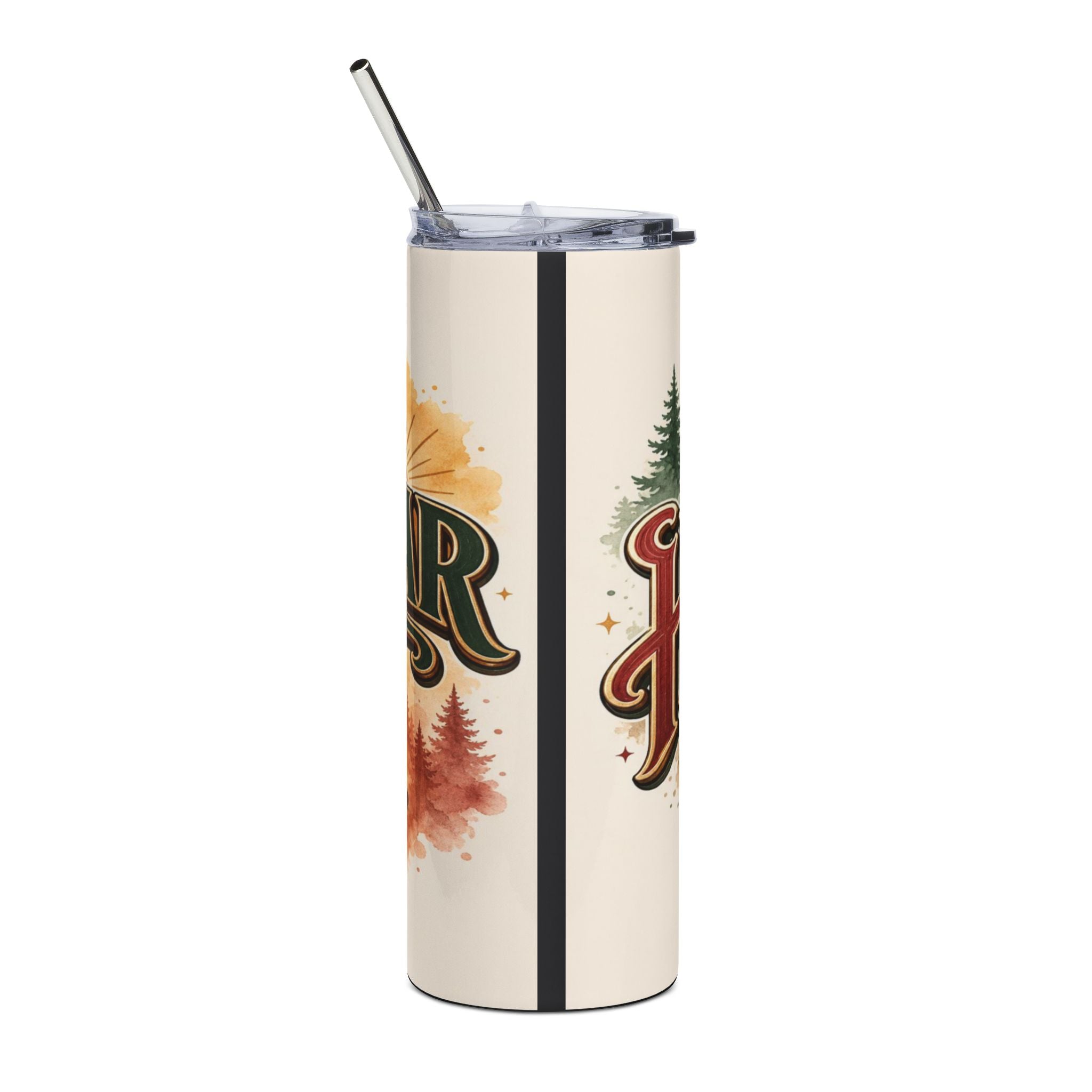 Cream tumbler with metal straw, featuring "R" and "H" letters with forest imagery.