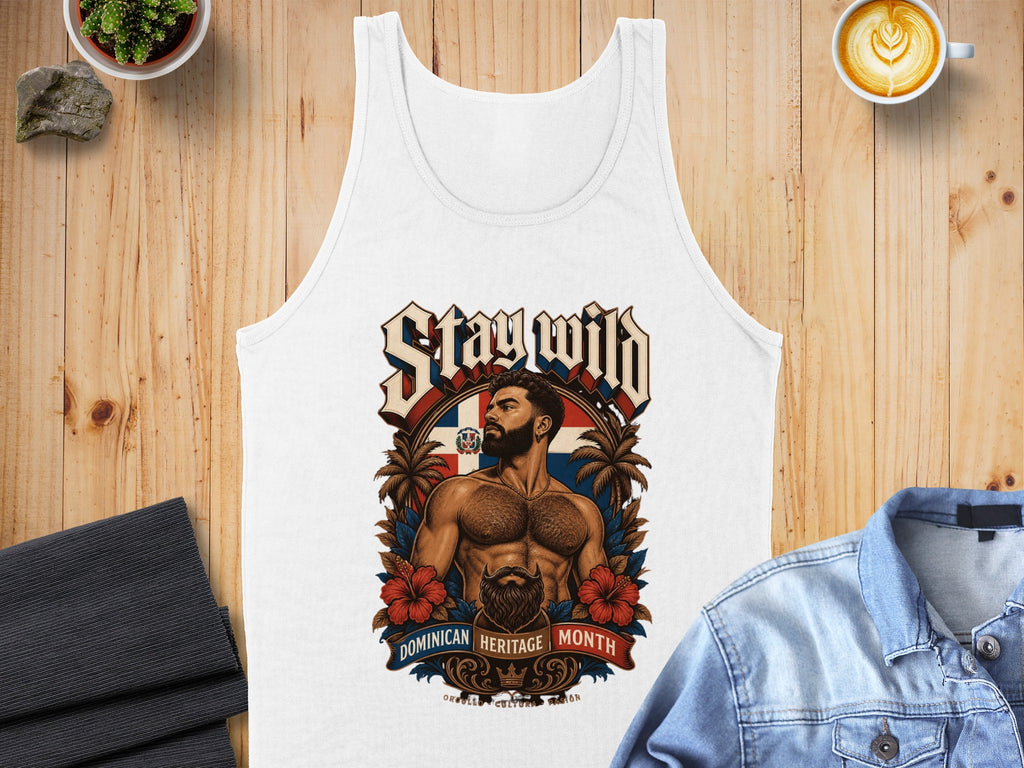 Tank top with "Stay Wild" and Dominican heritage imagery.