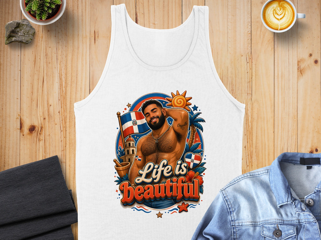 White tank top with colorful graphic of muscular man and "Life Is Beautiful" text.