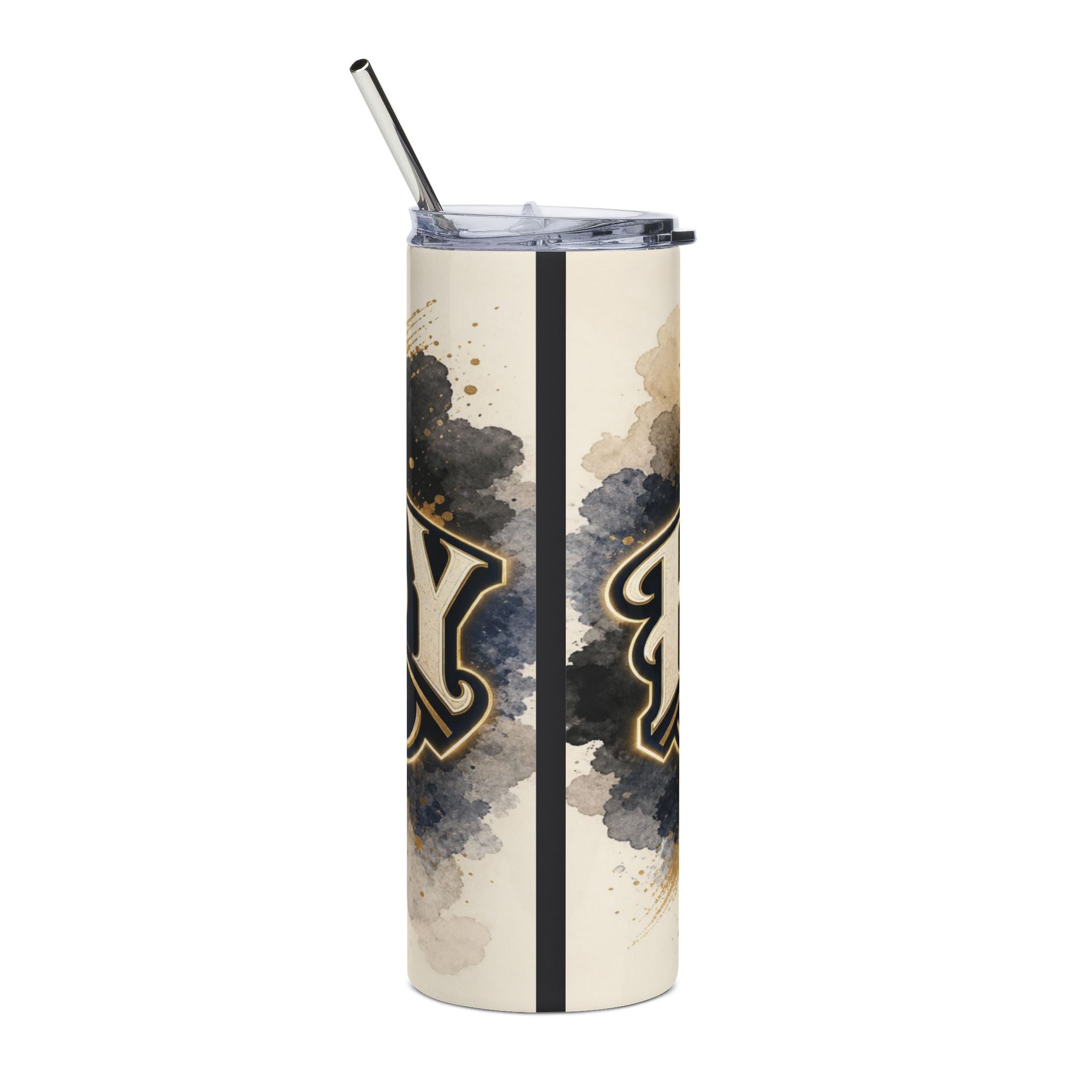 Tumbler with beige background, black stripe, and watercolor splashes featuring the letters "RY".