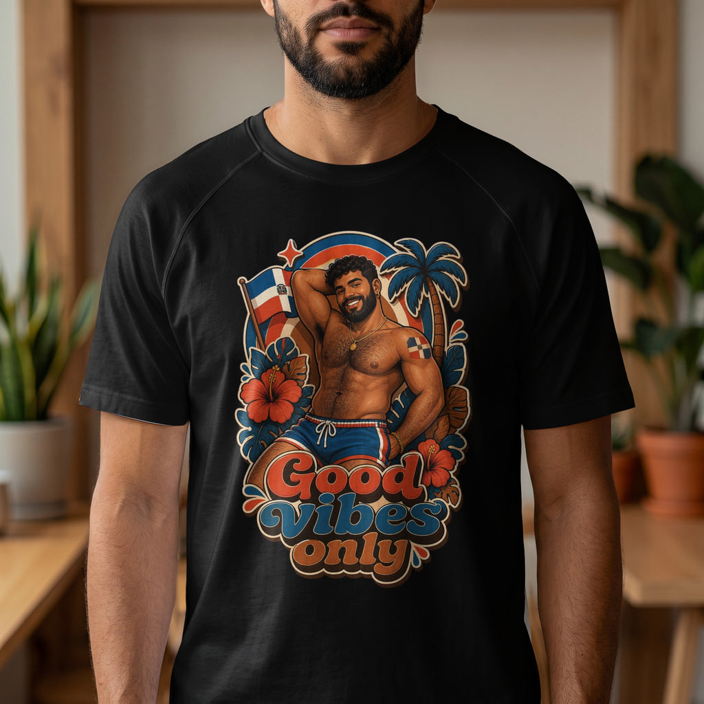 Illustration of a muscular man with tattoos, tropical flowers, and flag, text "Good Vibes Only".