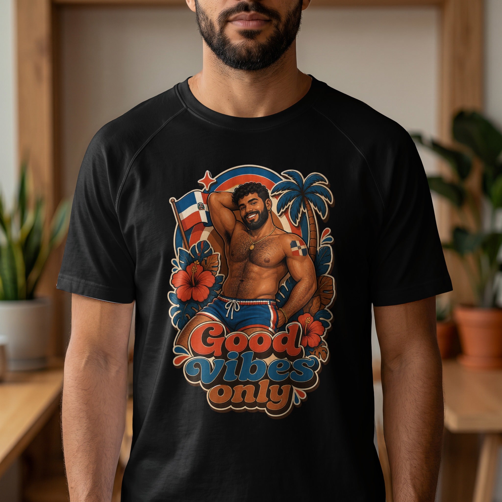 Illustration of a muscular man with tattoos, tropical flowers, and flag, text "Good Vibes Only".