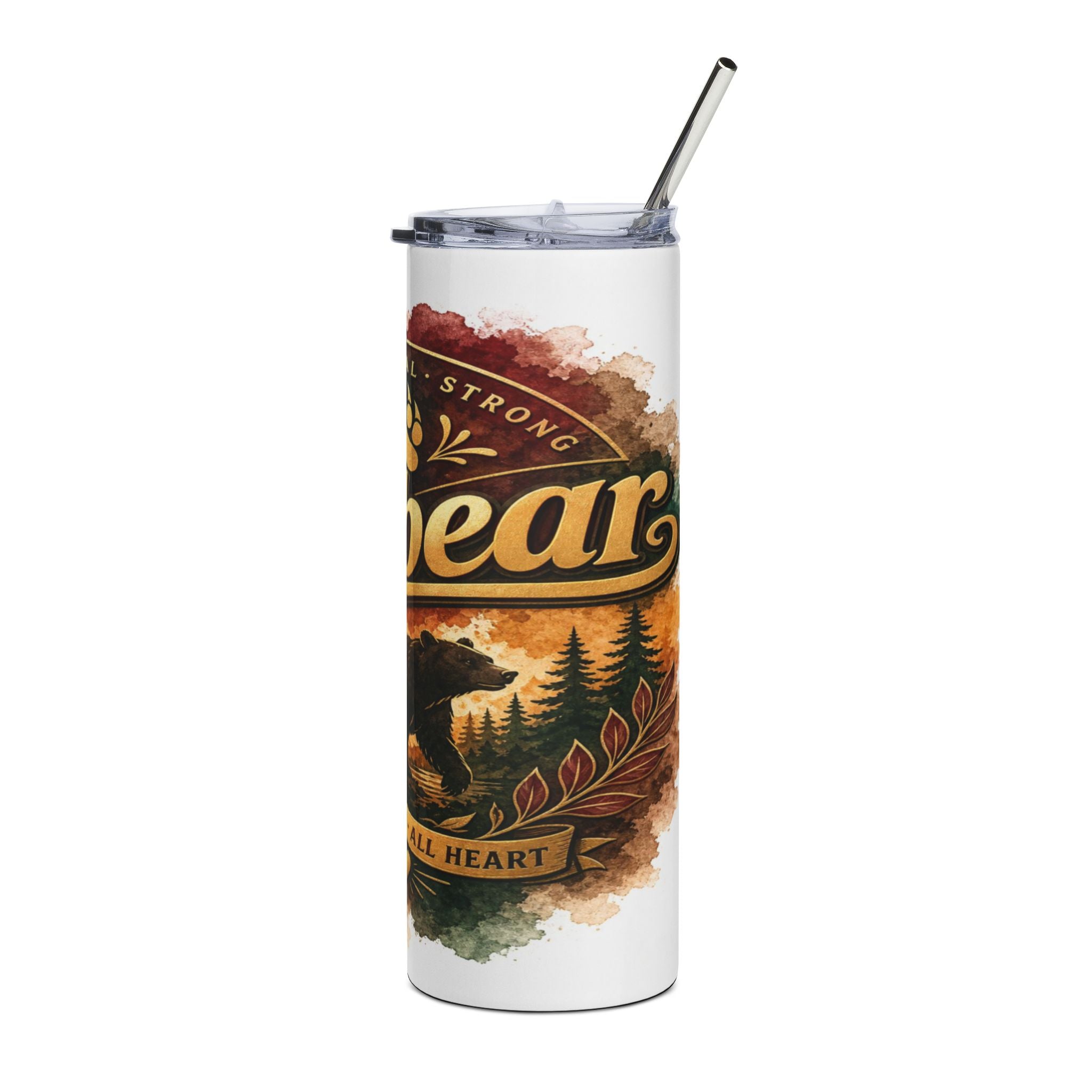 White tumbler with bear, forest, and text reading "Bear. Strong. Small Heart."