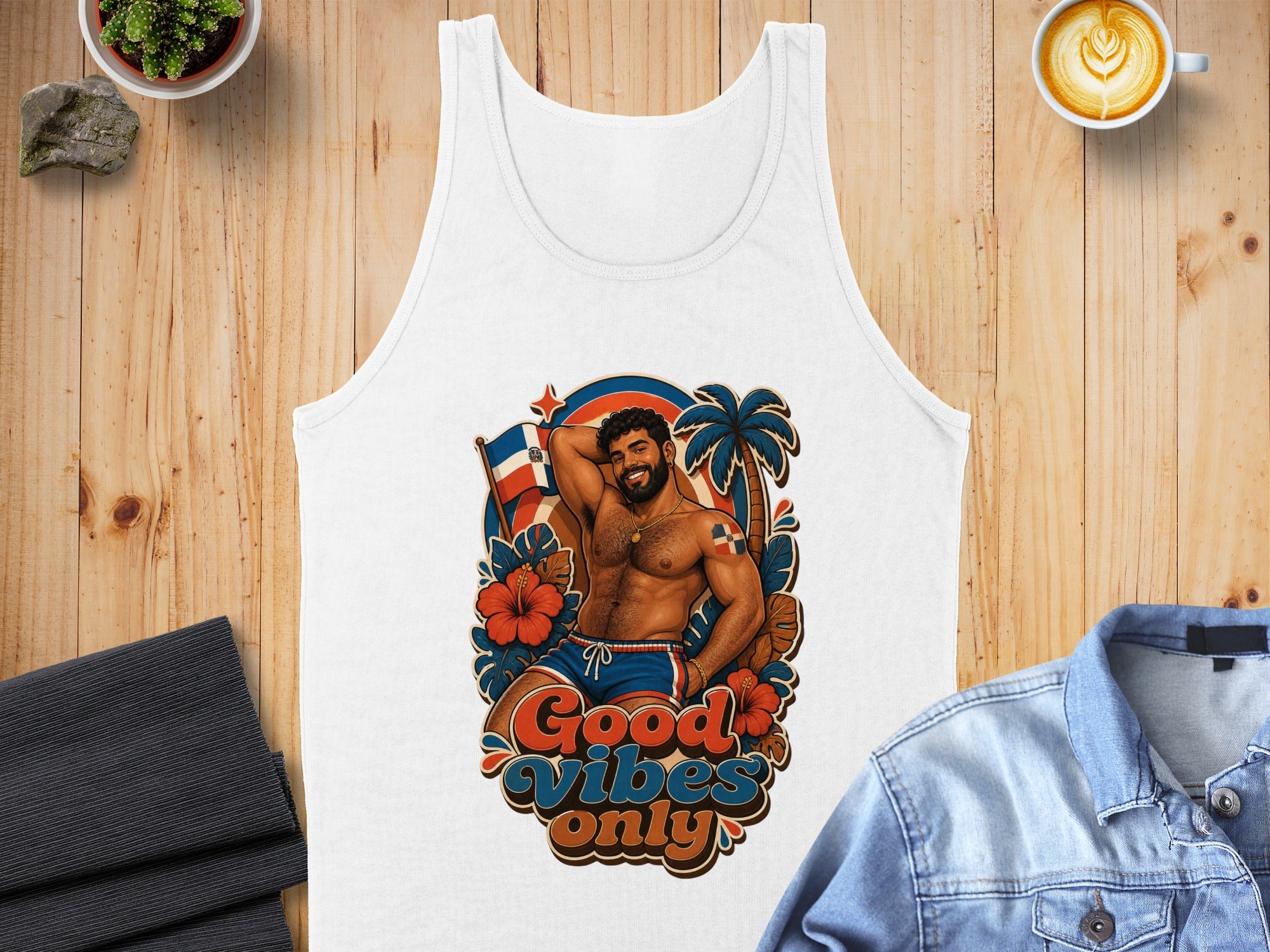 White tank top with "Good Vibes Only" and a muscular man in front of a Dominican Republic flag.