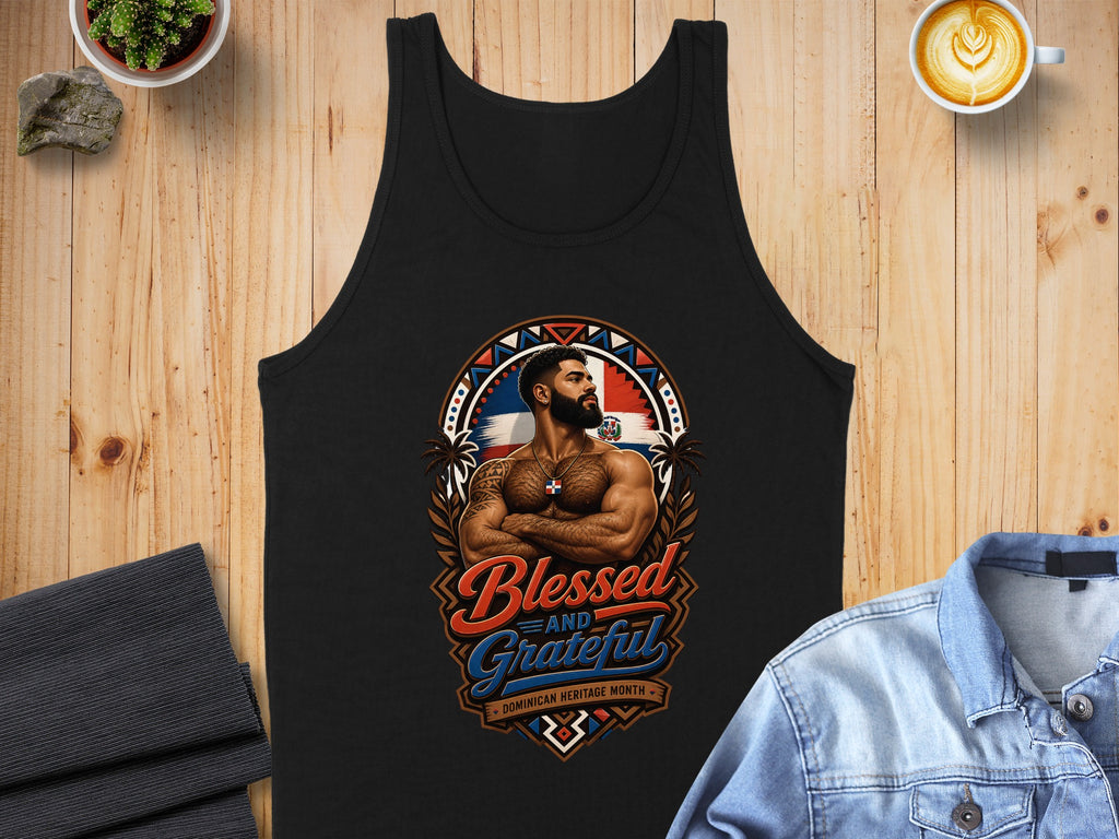 Black tank top with "Blessed and Grateful Dominican Heritage Month" graphic.