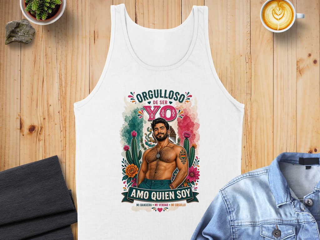 White tank top with "Orgulloso de ser YO" and man with flowers.