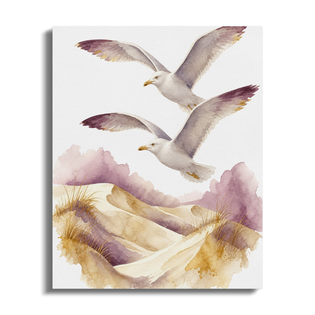 Watercolor painting of two seagulls flying over sandy dunes with purple clouds.