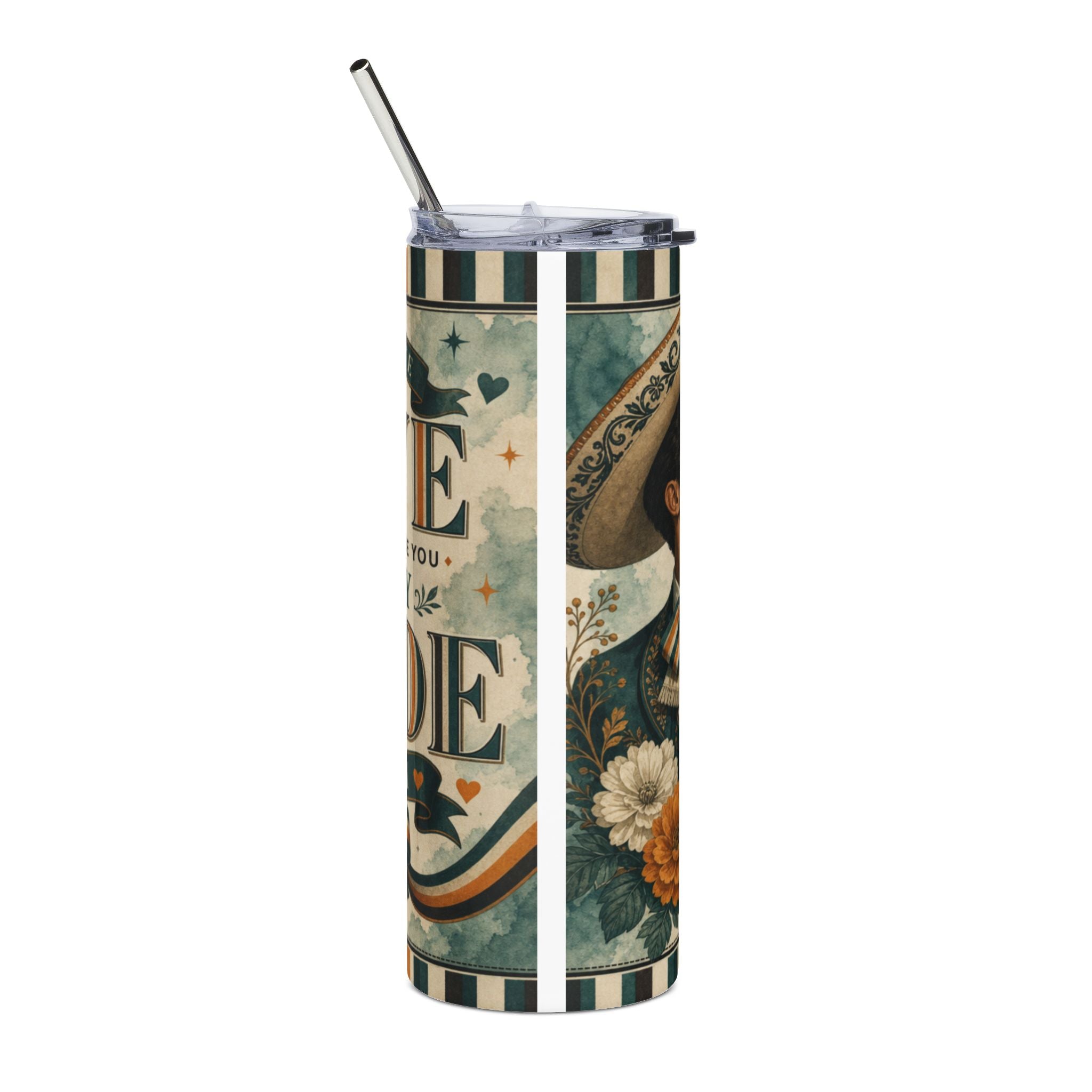 Tumbler with "I love you to the moon and back" text and floral designs.