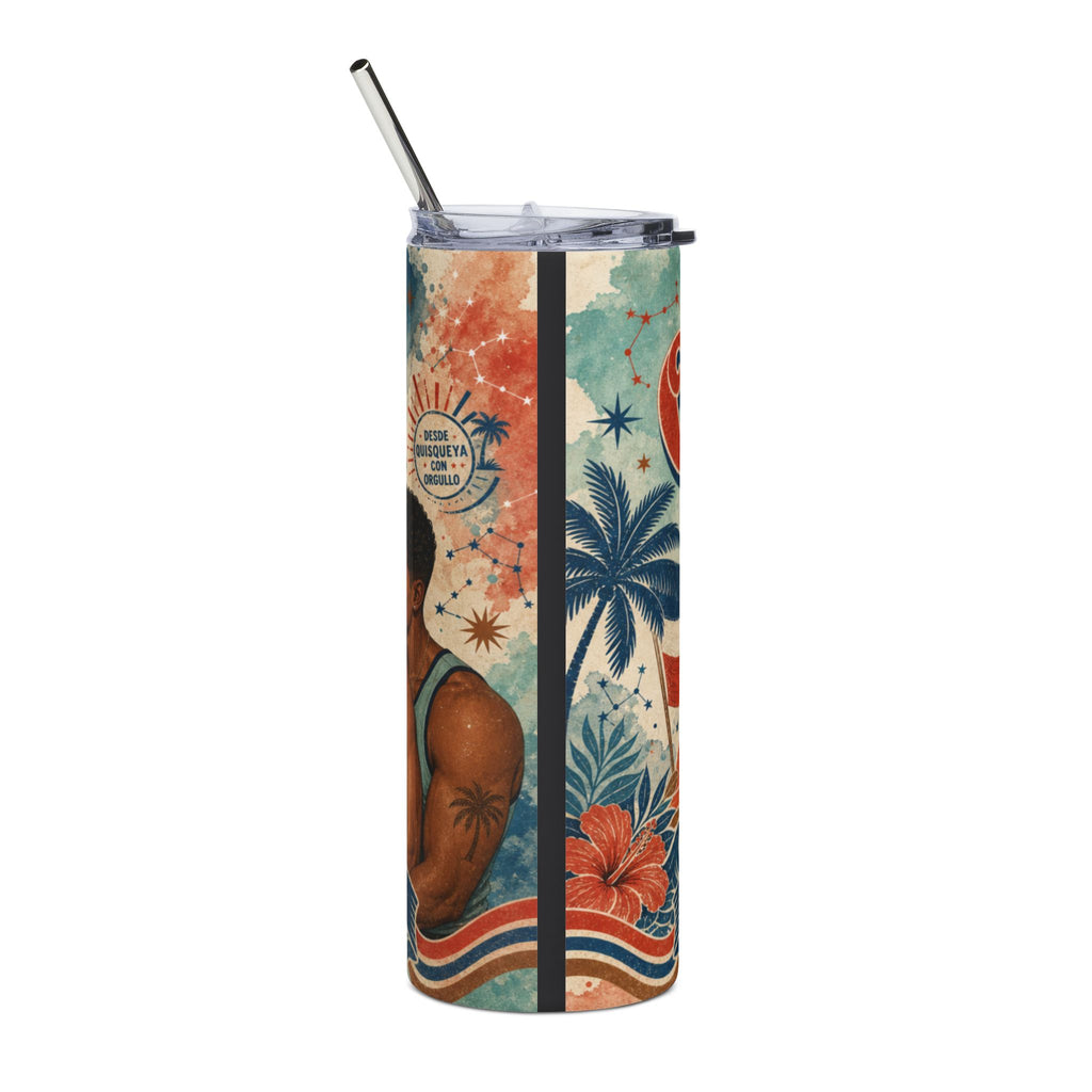 Tall tumbler with tropical and patriotic design featuring a man.