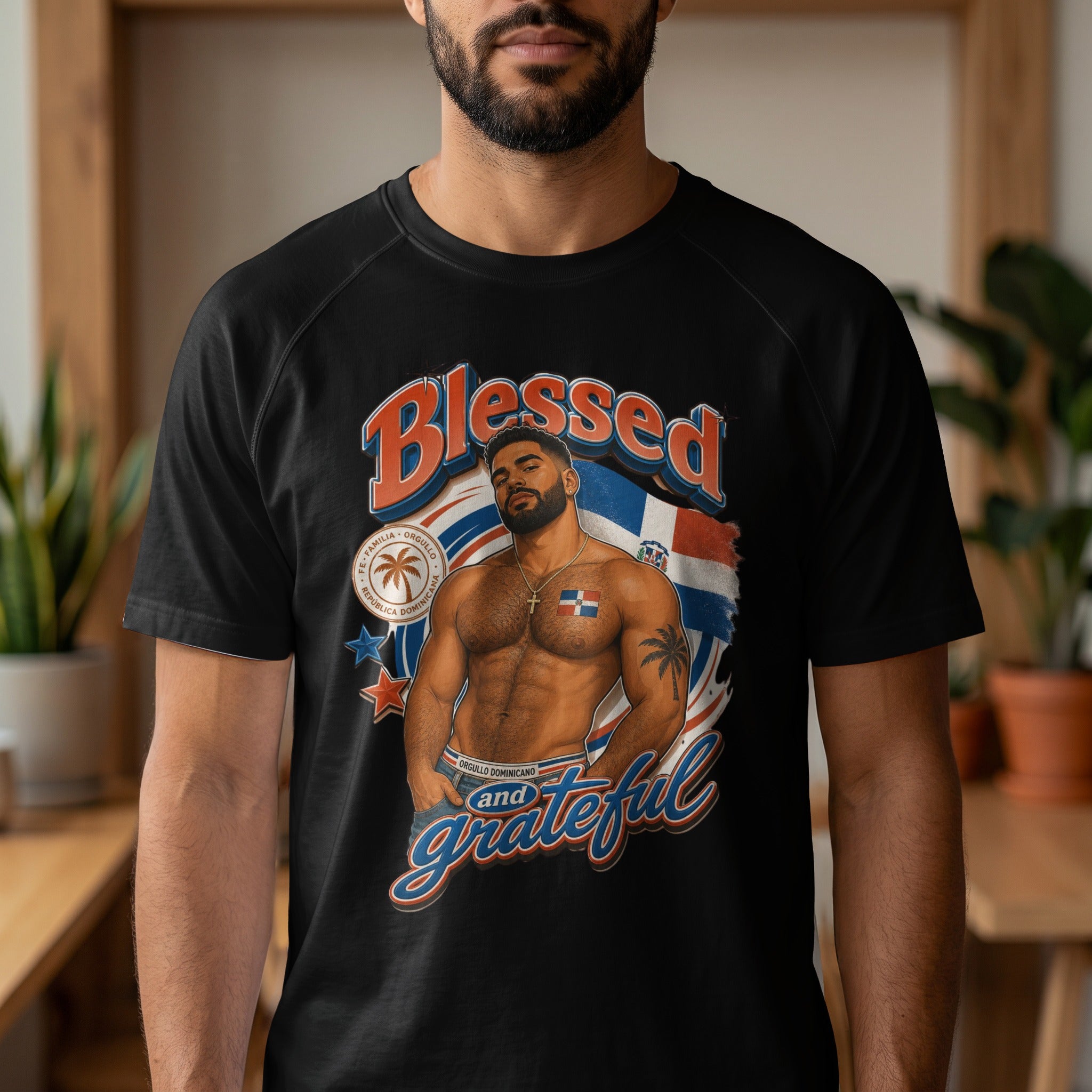 Black t-shirt featuring a muscular man with a flag and "Blessed and grateful" text.