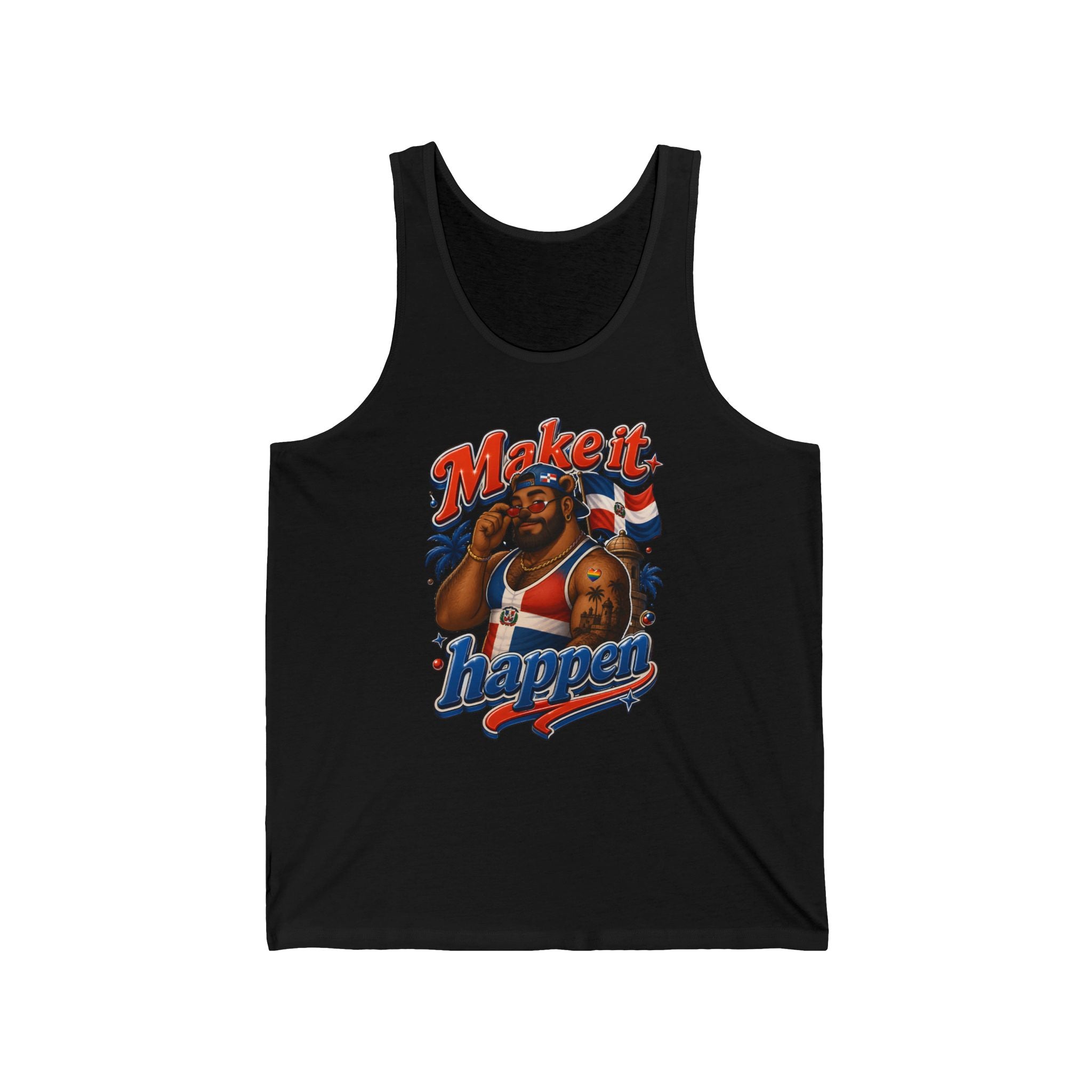 Tank top with "Make it happen" text, a man in sunglasses, and a Dominican flag.