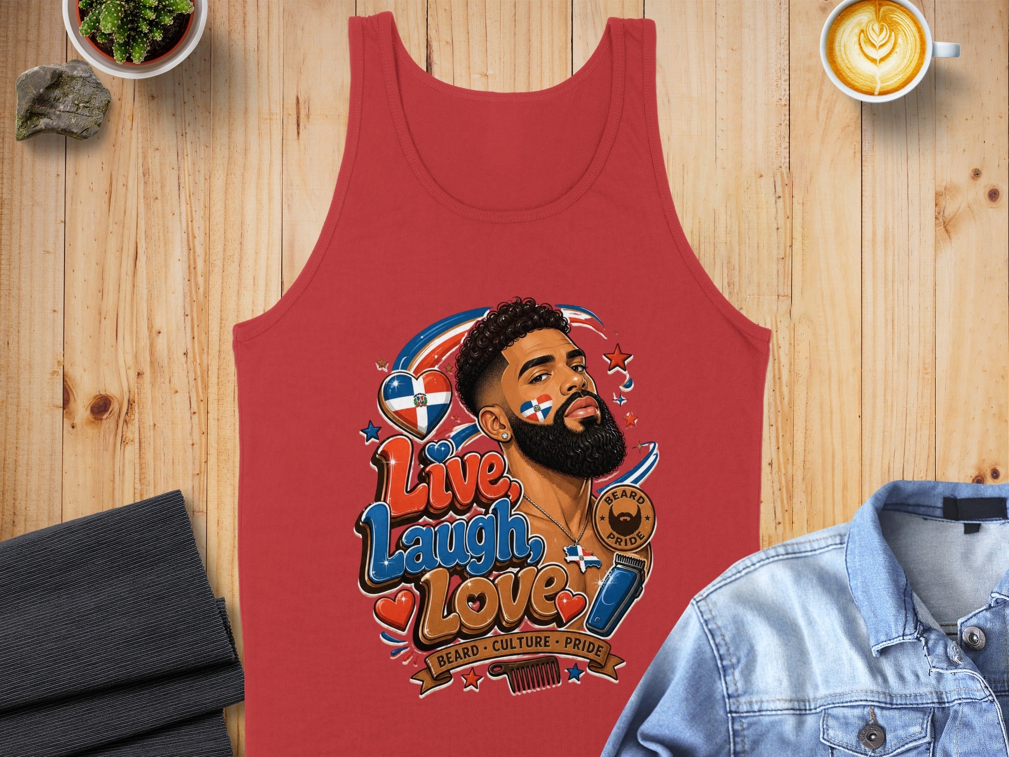 Red tank top with "Live, Laugh, Love" and beard pride design.