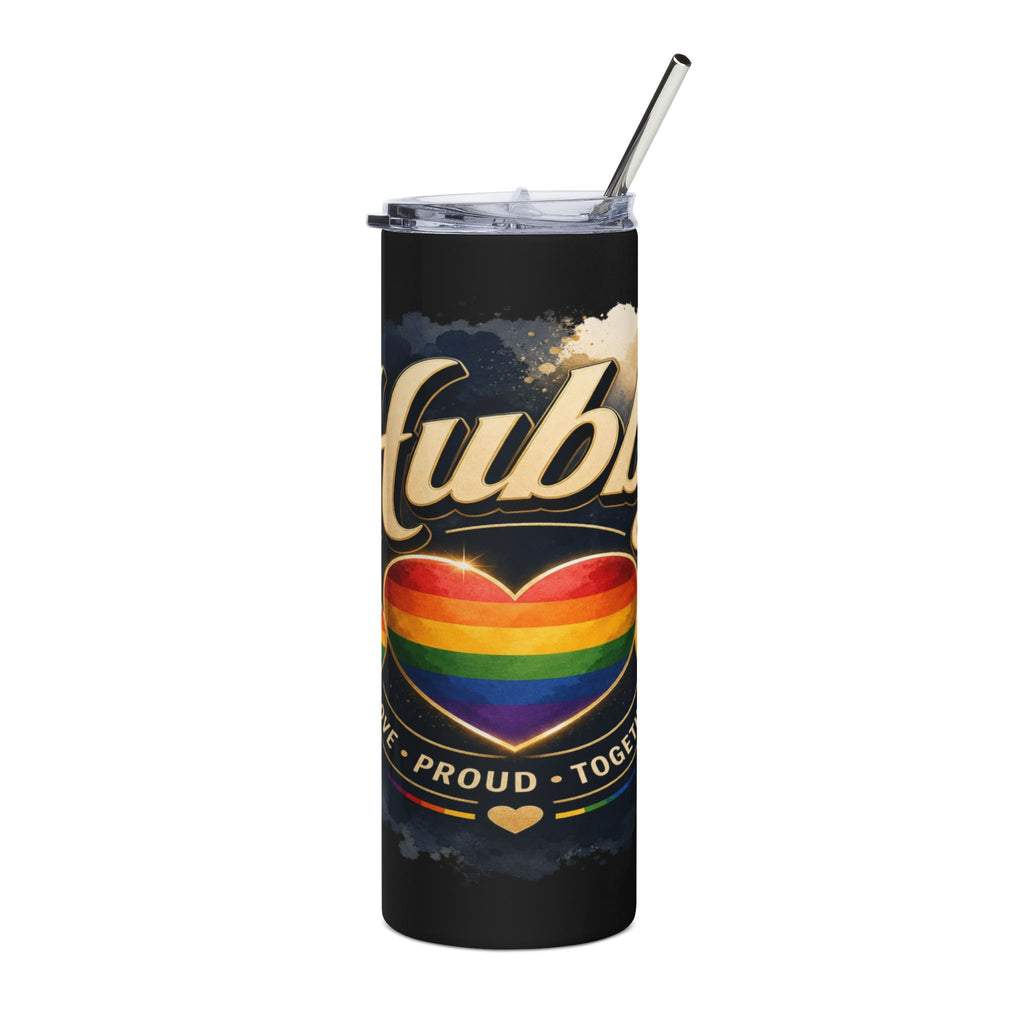 Tumbler with rainbow heart and text "Love, Proud, Together".