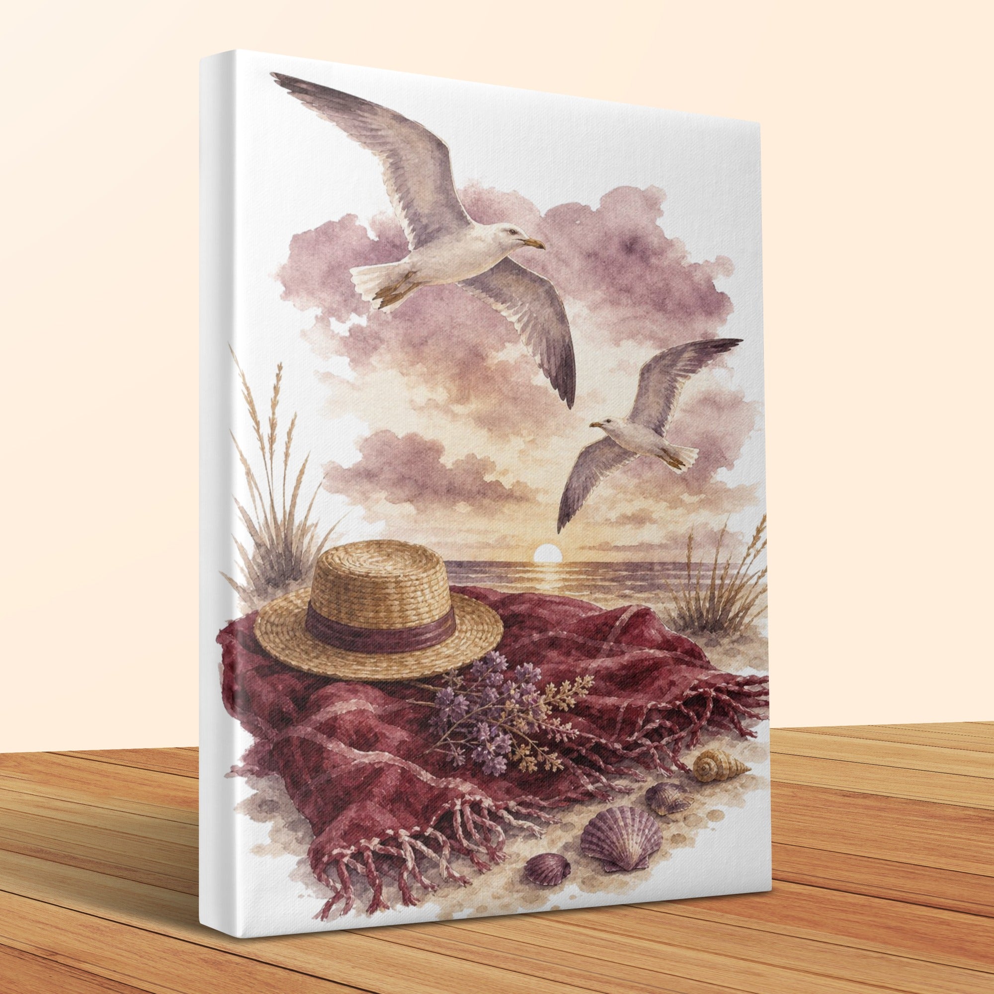 Watercolor beach scene with two seagulls, straw hat, blanket, shells, and sunset over water.