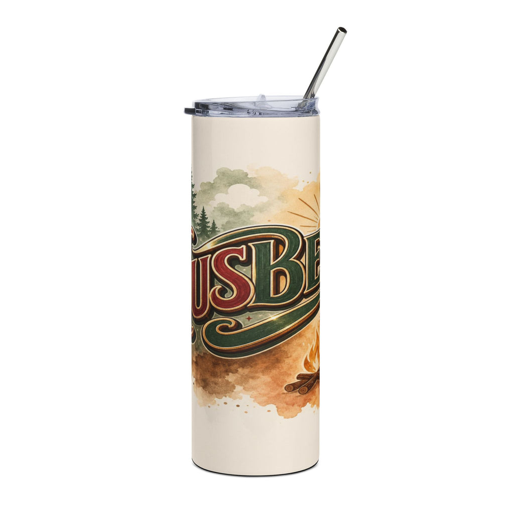 Tumbler with "BUSY" text, pine trees, and campfire design.