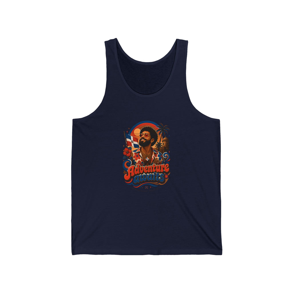 Navy tank top with a retro graphic of a man and tropical scene, text "Adventure awaits".