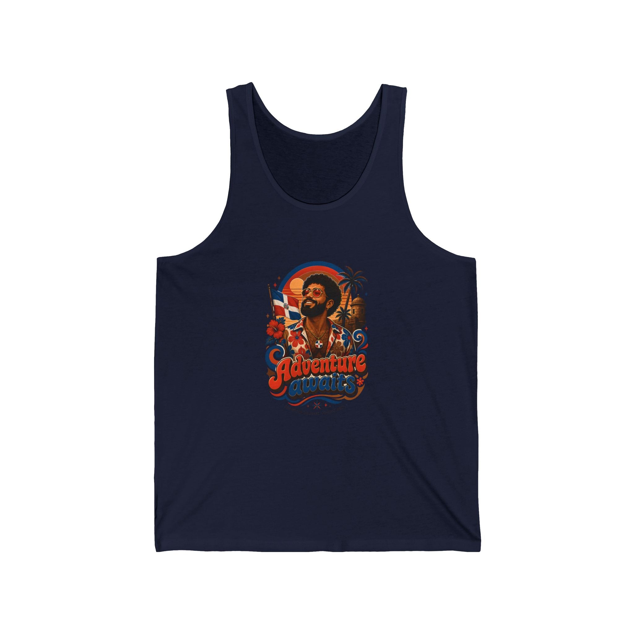 Navy tank top with a retro graphic of a man and tropical scene, text "Adventure awaits".