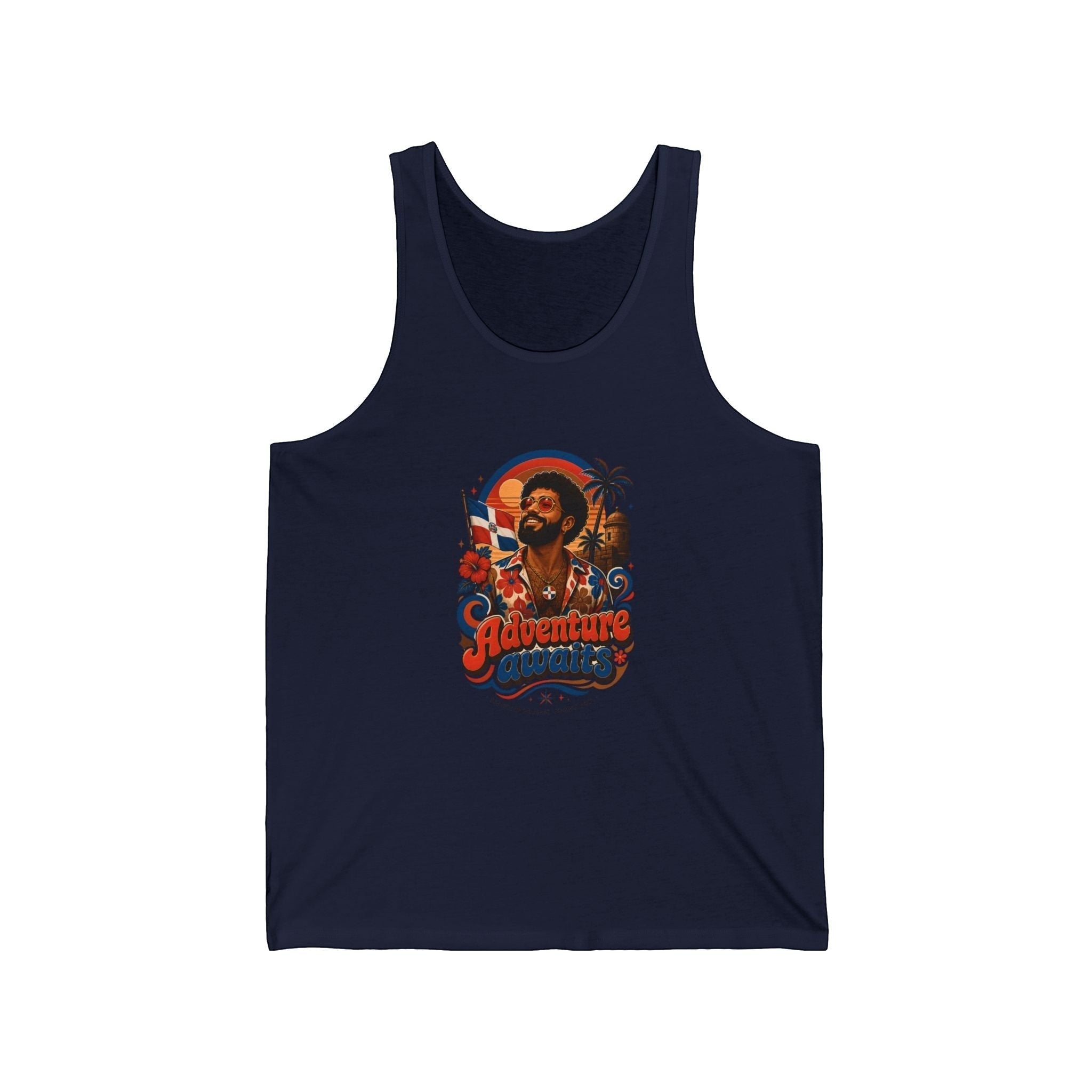 Navy tank top with a retro graphic of a man and tropical scene, text "Adventure awaits".