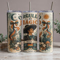 Three tumblers with "Orgullo es Magico" text and pride flag colors, set against a whimsical background.
