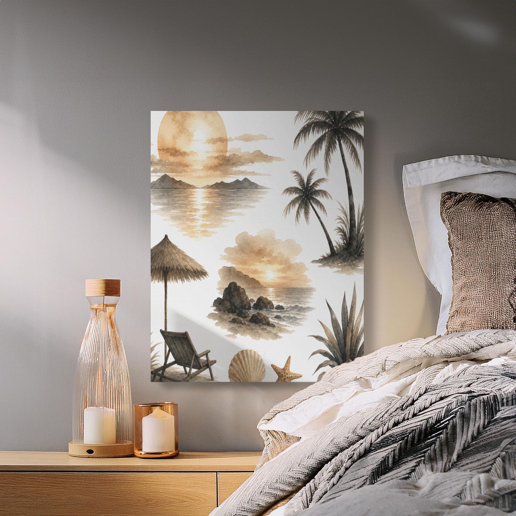 Seascape collage with palm trees, beach chair, and sunset watercolor art.