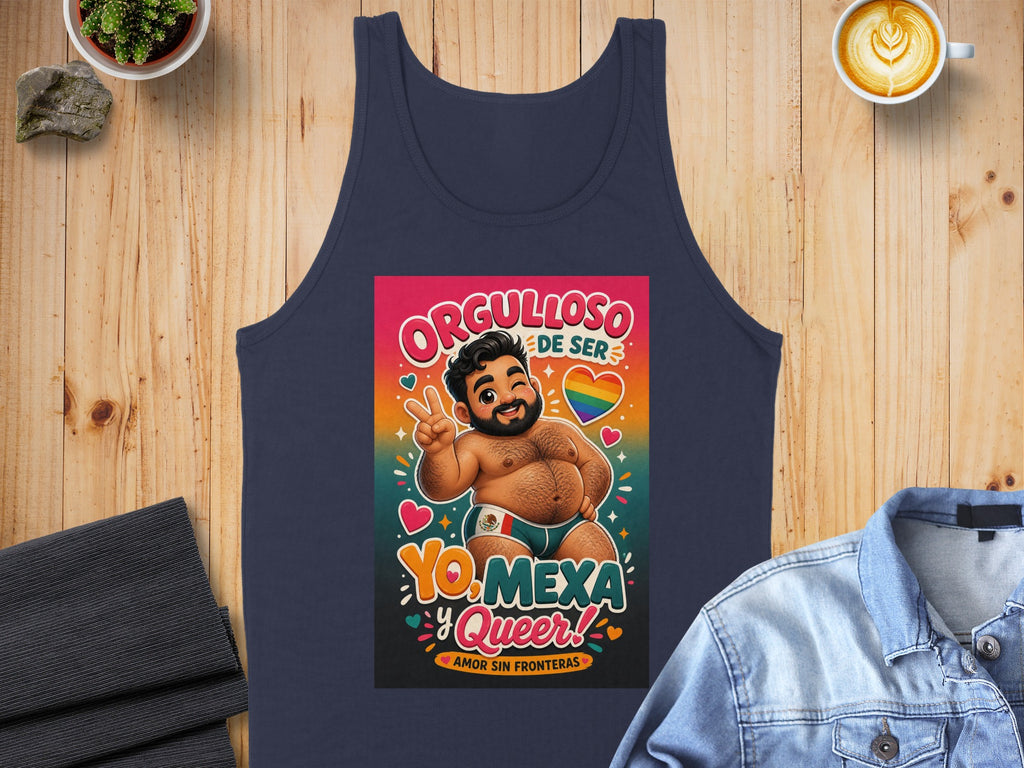 Navy tank top with "Orgulloso de Ser Yo, Queer!" print and rainbow heart.