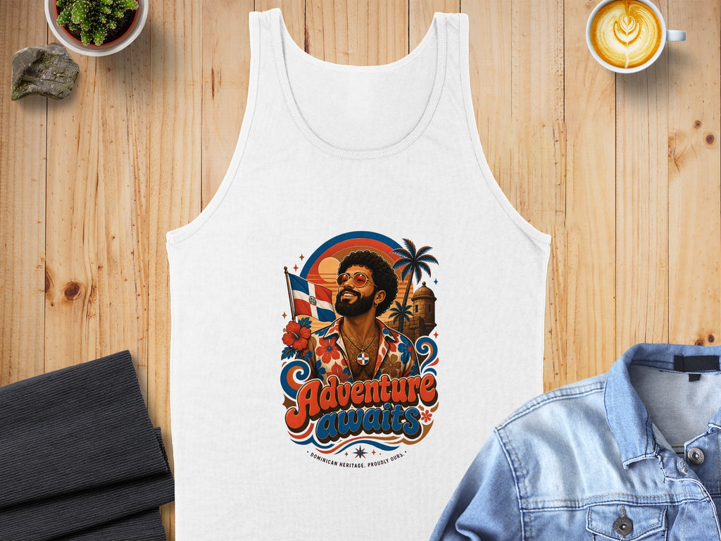 White tank top with "Adventure Awaits" graphic featuring Dominican Republic flag and palm trees.
