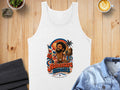 White tank top with "Adventure Awaits" graphic featuring Dominican Republic flag and palm trees.