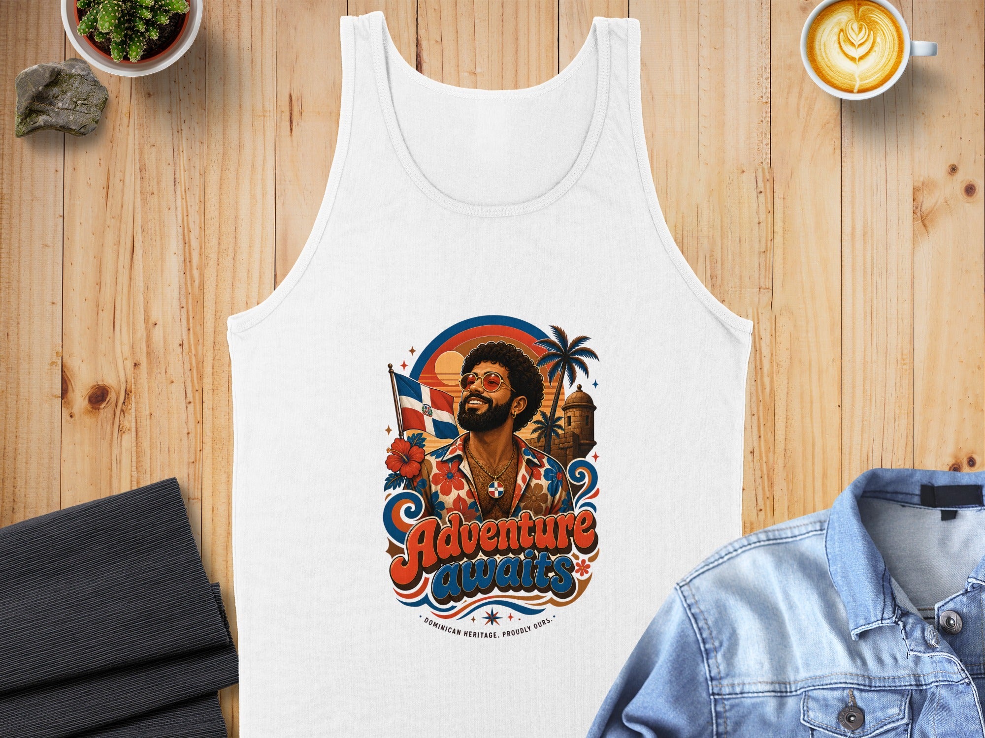 White tank top with "Adventure Awaits" graphic featuring Dominican Republic flag and palm trees.