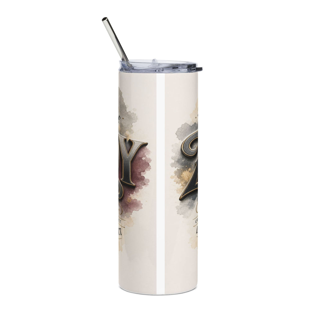 Tall tumbler with lid and metal straw, featuring stylized lettering and watercolor splotches.