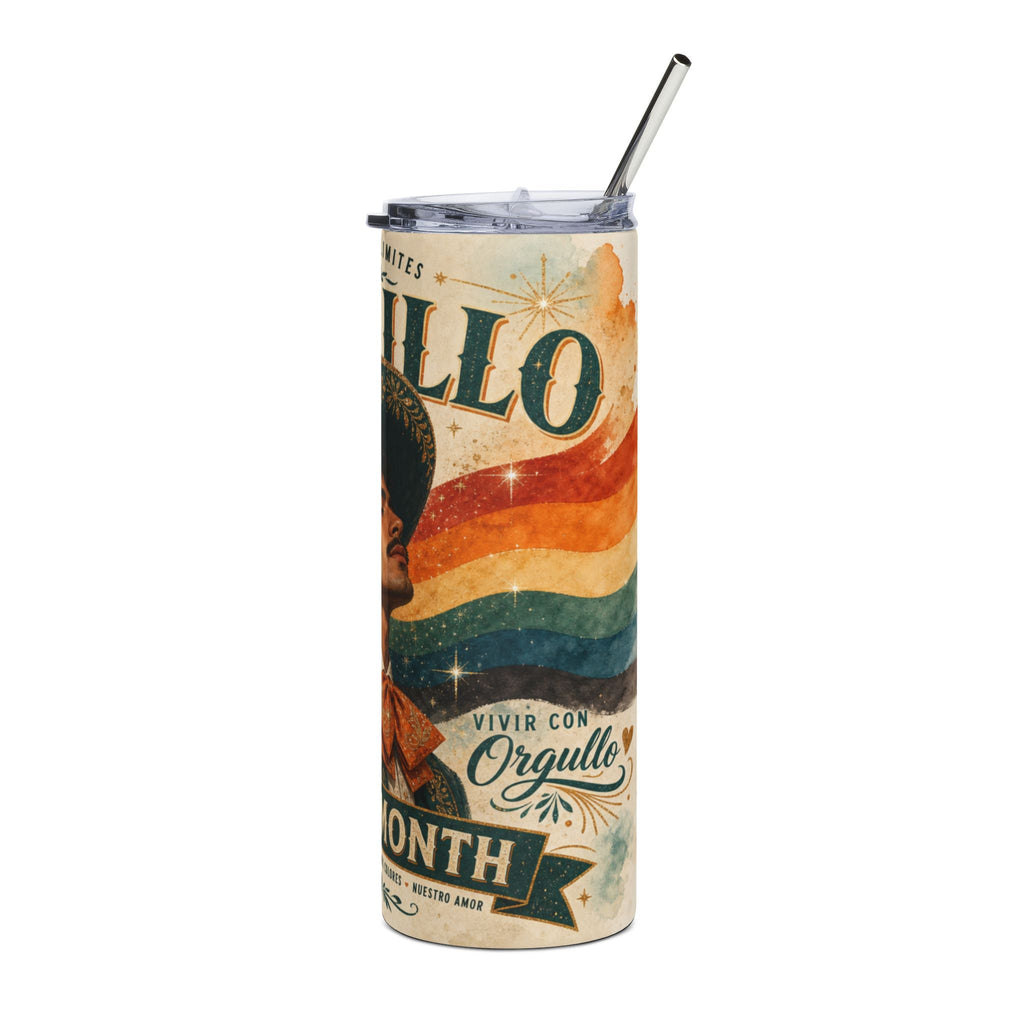 Tall tumbler with rainbow flag, man's portrait, and Spanish text.