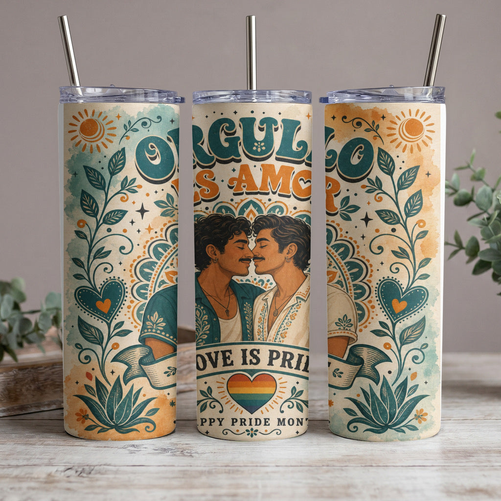 Three tumblers featuring gay couple, "Orgullo Es Amor" and "Happy Pride Month" text.