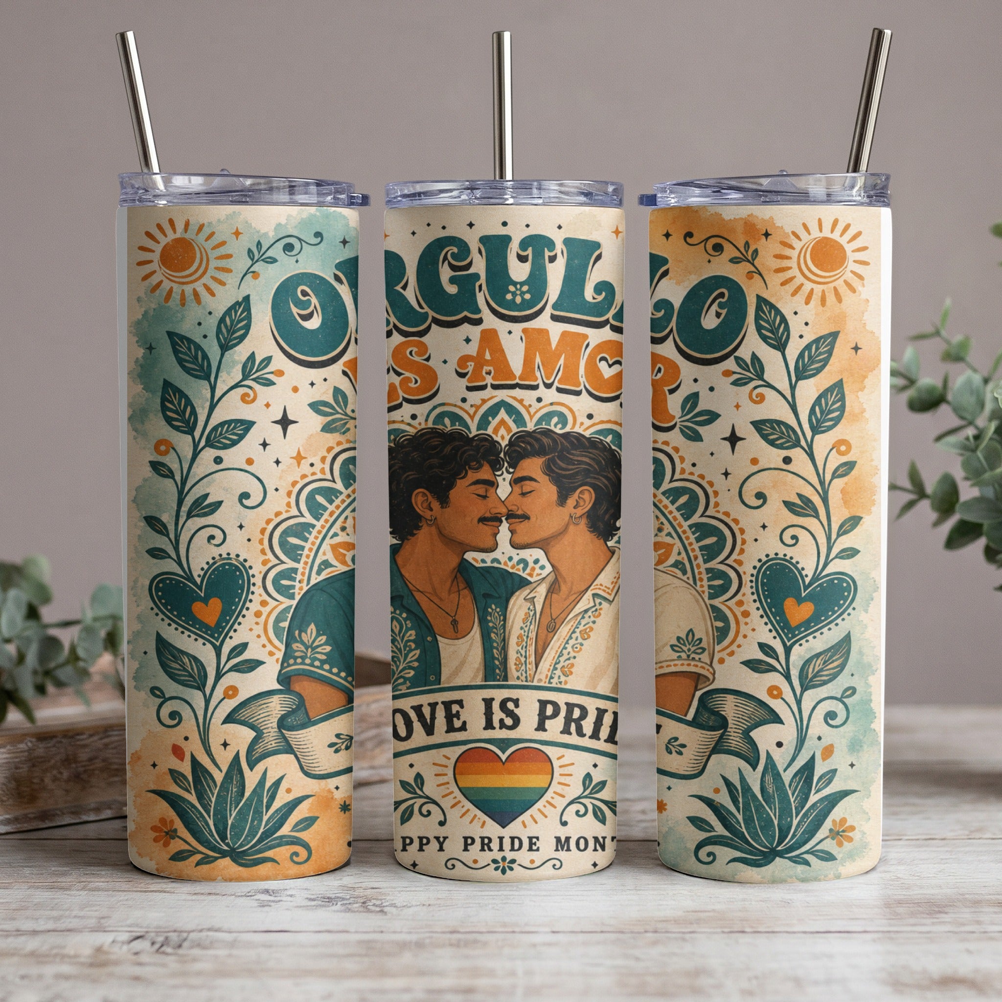 Three tumblers featuring gay couple, "Orgullo Es Amor" and "Happy Pride Month" text.