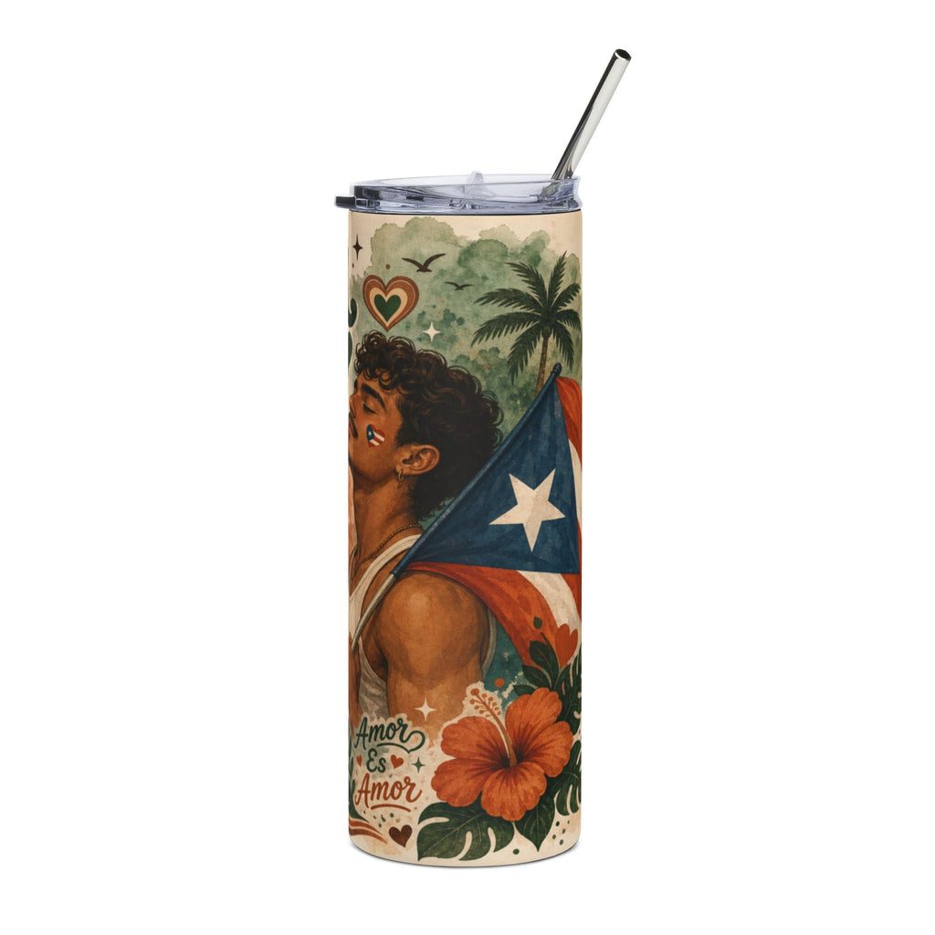 Tumbler with illustration of a man, Puerto Rican flag, hibiscus, and palm trees.